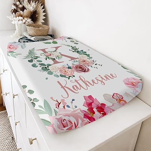 Miniatura 3 de Funda rosa personalizada para cambiador, 2 piezas, impermeable, para bebé, ropa de cama de guardería con nombre, fundas portátiles para cambiador de
