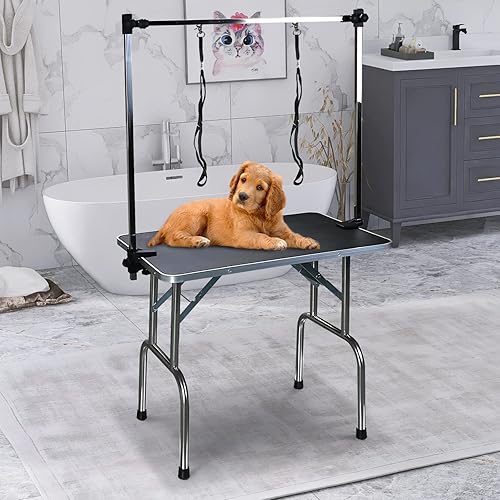 Miniatura 2 de SoarFlash Mesa de aseo plegable para perros y mascotas, mesa de aseo plegable resistente con brazo y lazo y bandeja de malla, capacidad máxima de