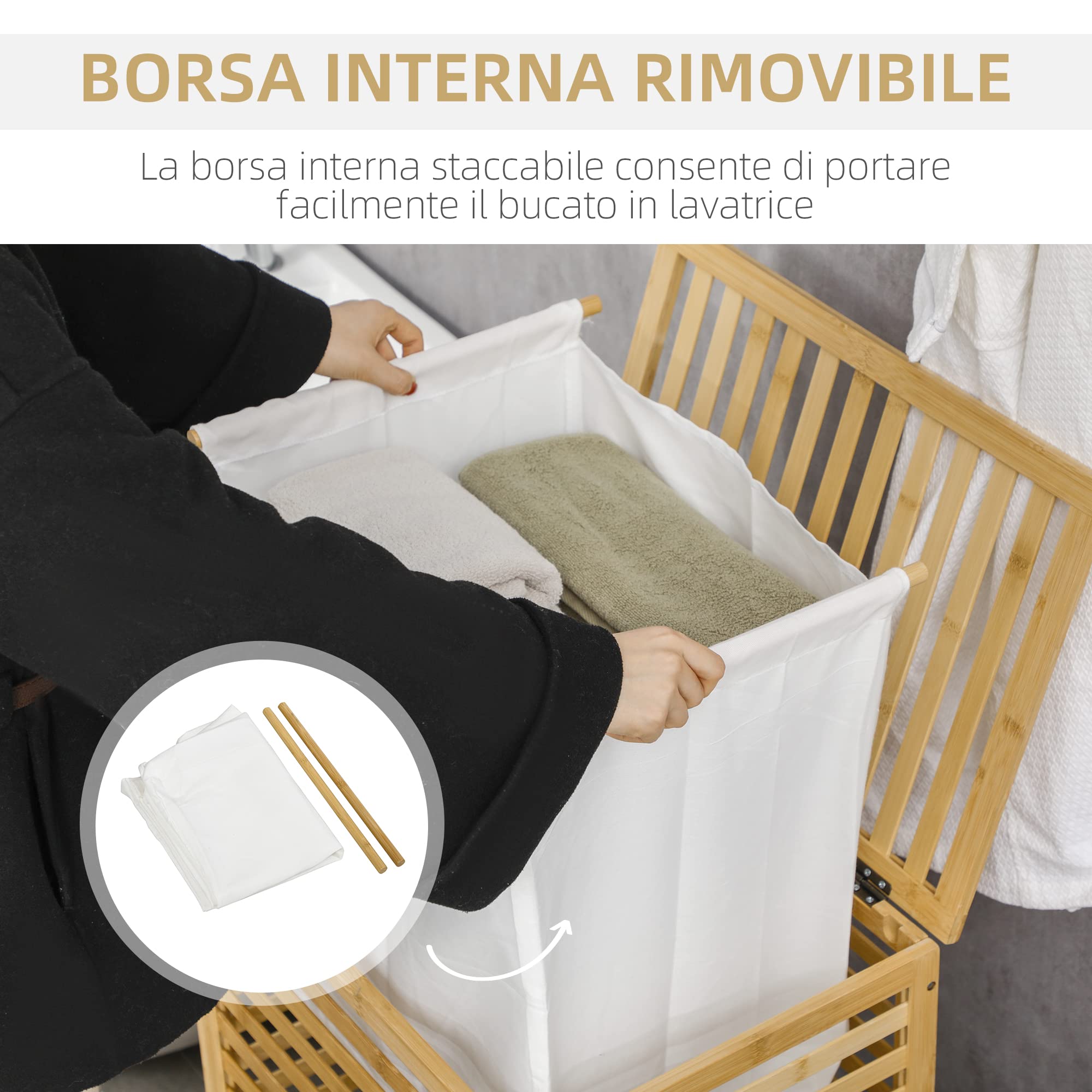 HOMCOM Cesto Portabiancheria a Doghe Coperchio 50x36x60 cm Color Legno | Cesto per Biancheria Sporca, Bambù e Poliestere, Sacca Rimovibile, Bagno e Camera da Letto