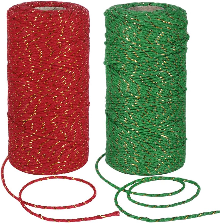 Tenn Well Cordel de algodón para panaderos, cordel rojo y verde de 656 pies con alambre dorado para hornear, carnicerías, manualidades, envoltura de