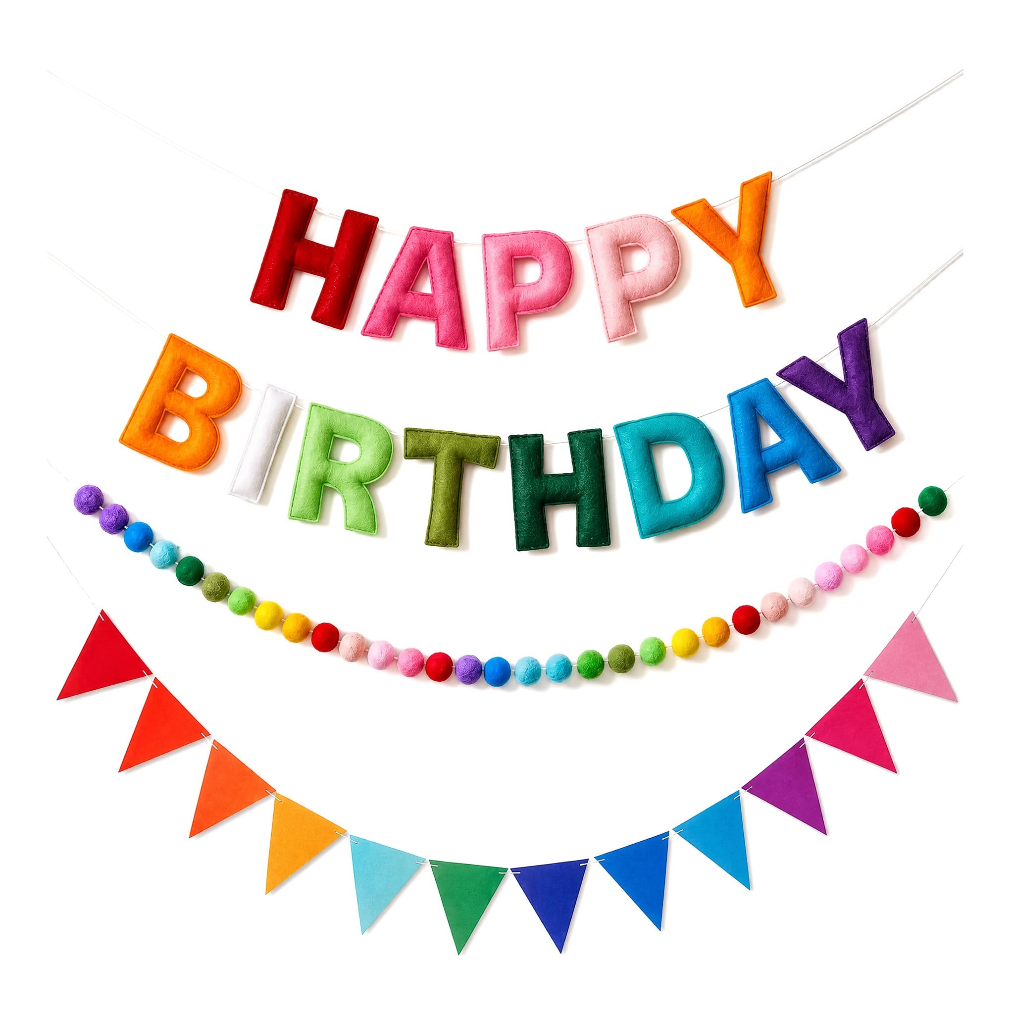 Pre-Strung Happy Birthday Felt Banner, Ball Garland & Triangle Bunting Set