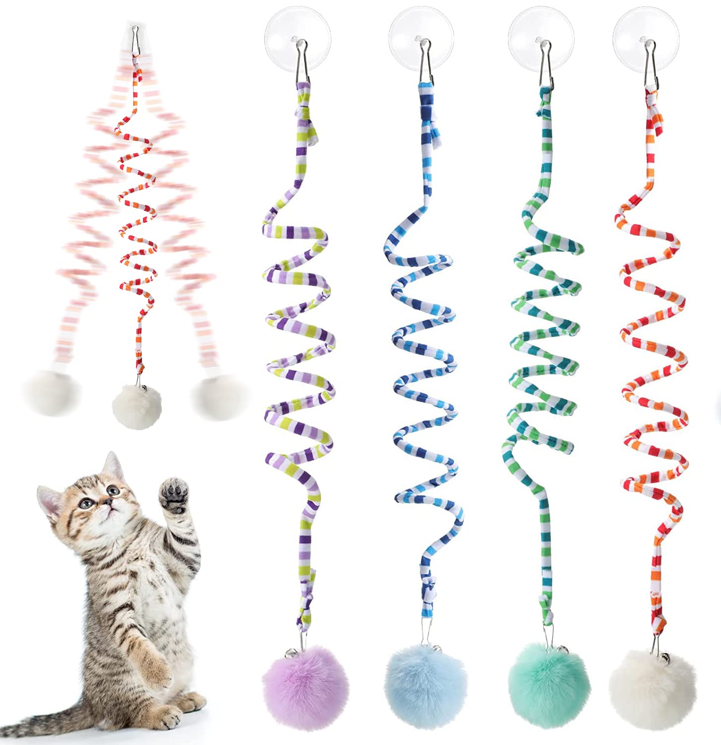LANRUE 4 Pcs Cat Spring Toys Hanging Cat Toy Hanging Door Interactive Cat Toys Cat Ball Toys with Bell Long Tail Stretchable Soft Plush Cat Teaser Toy for Kitten Chase Play and Kill Time, Gradient