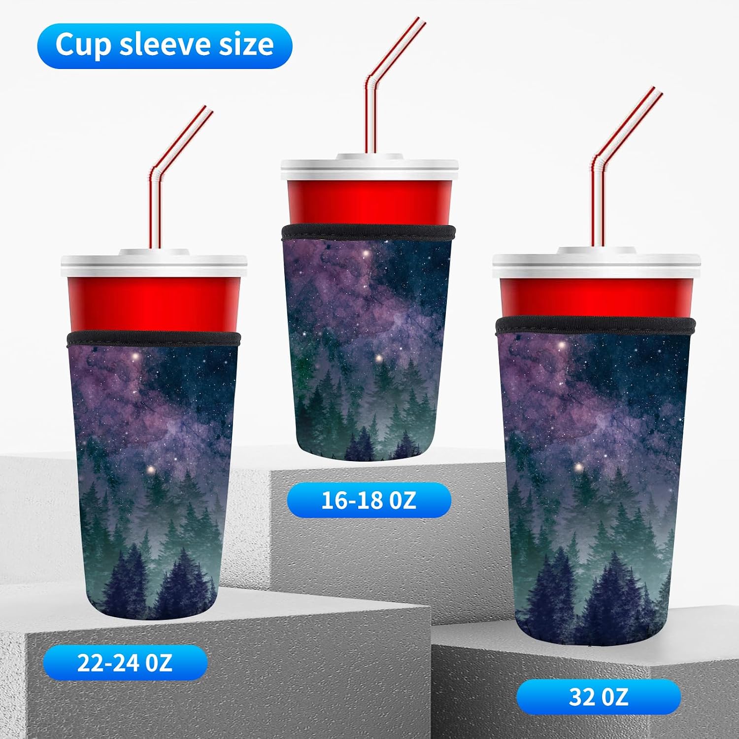 3 Pack Reusable Neoprene Insulator Sleeve for Iced Coffee Cups, Funny Coffee Cup Sleeves for 16-32oz Coffee cups, Cute Drink Sleeve for Cold Hot Beverages Cute Space Froest image 5