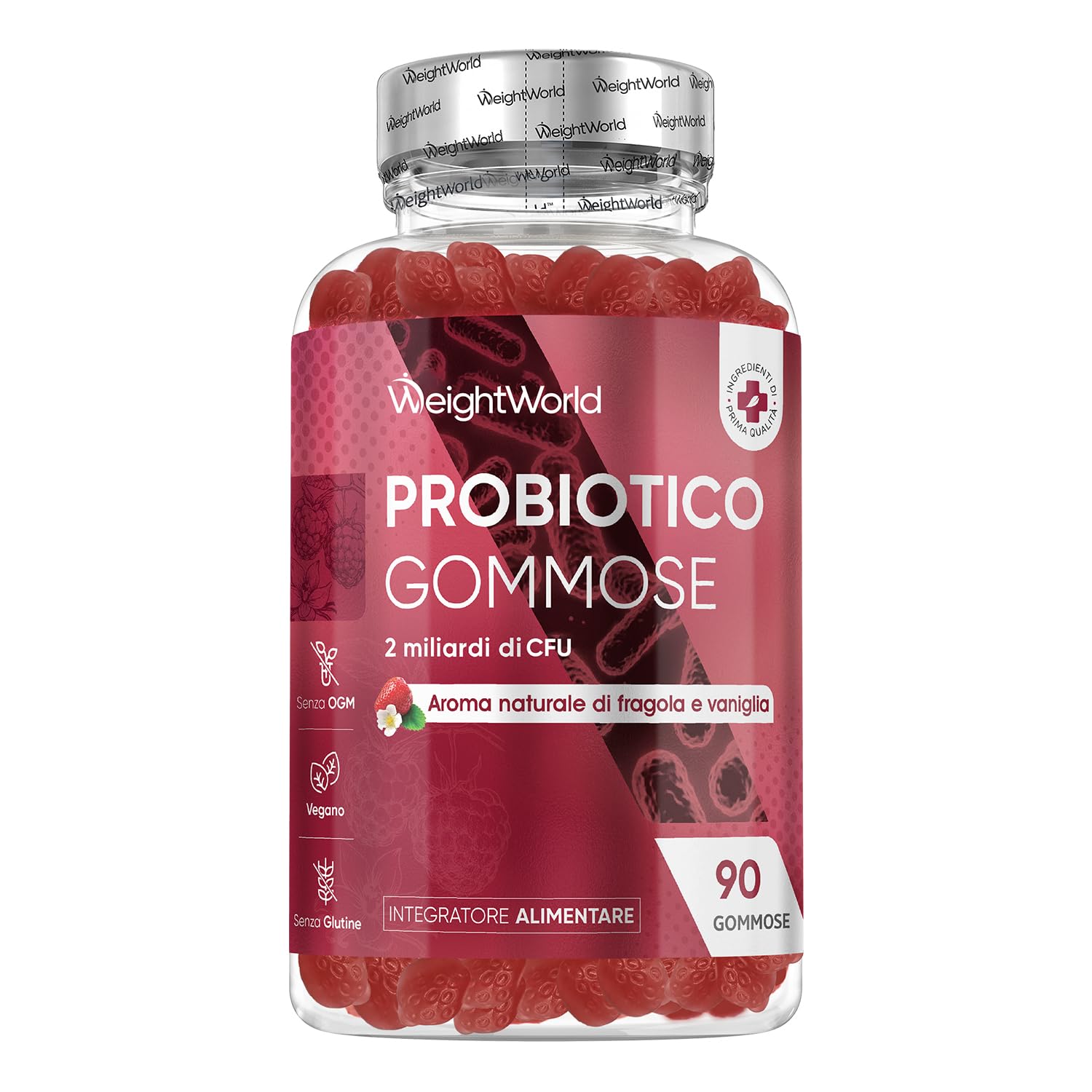 Fermenti Lattici Probiotici in 90 Gommose Vegane, 2 Miliardi di CFU, Fermenti Lattici Adulti Probiotici e Prebiotici, Bacillus Coagulans, Inulina, Gusto Fragola e Vaniglia, Senza Lattosio né Glutine