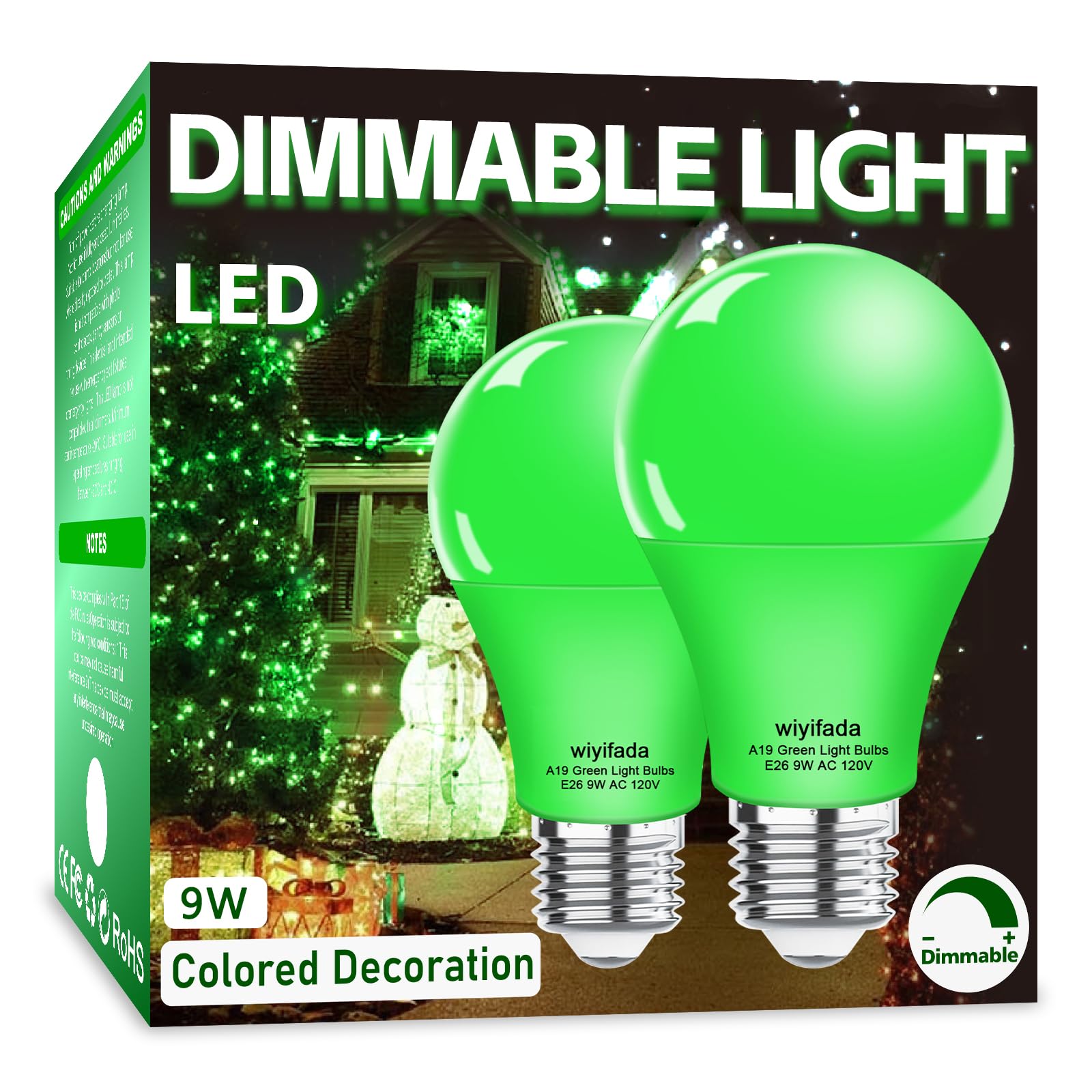 Wiyifada 2 Pack A19 LED Green Light Bulbs,120V E26 Christmas Green LED Lights 9W Replace up to 100W,Dimmable Colored Light Bulbs for St. Patrick's Day