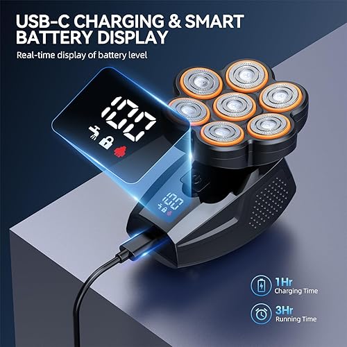 Miniatura 5 de Afeitadoras de cabeza para hombres calvos, 7D Electric10,000 RPM de alta velocidad para hombre, pantalla LED y 3 velocidades, IPX8 impermeable para