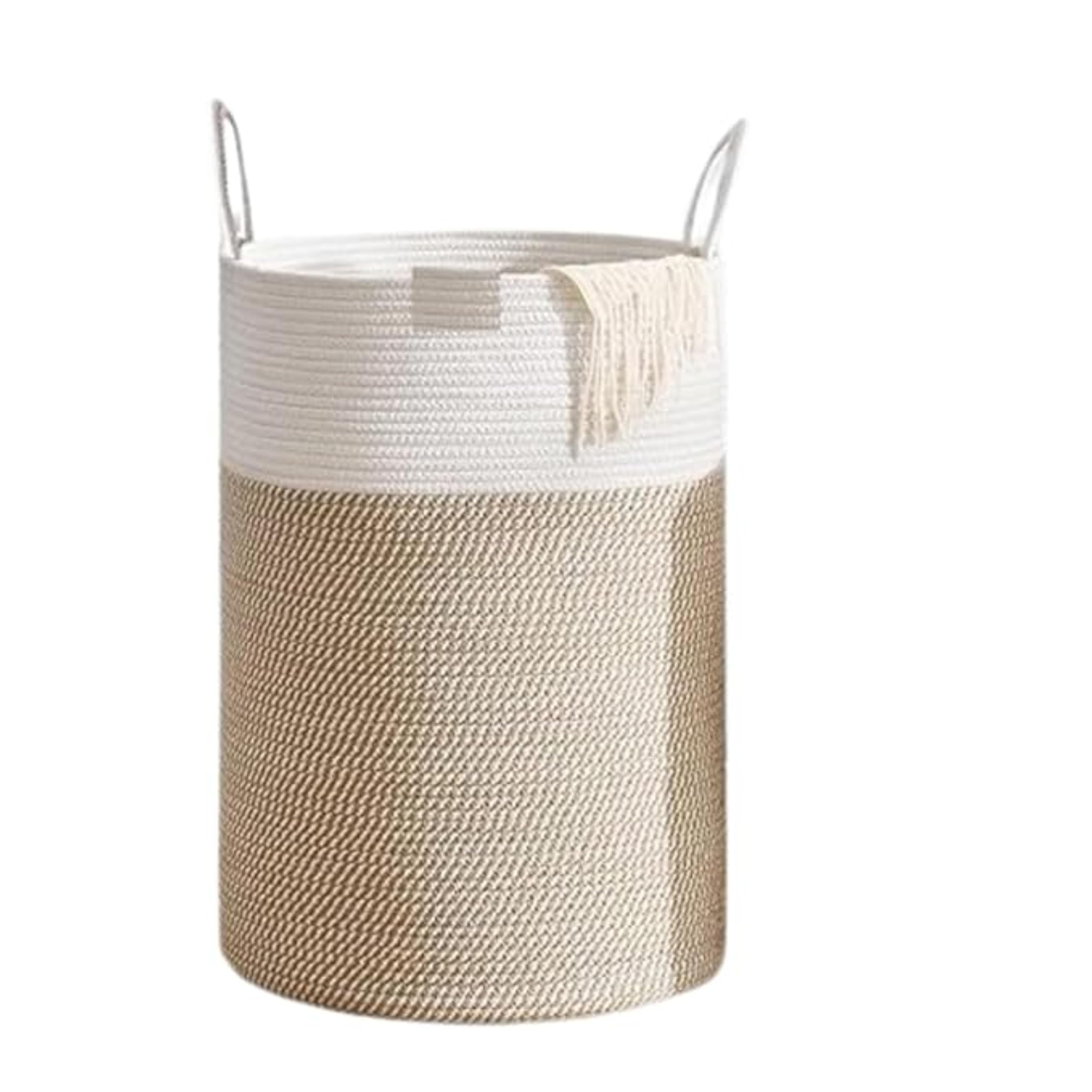 Extra Large Woven Rope Laundry Hamper Basket, Natural Jute Cotton with Handles, Clothes Storage for Home Organisation For Bedroom Living Room (WHITE BEIGE, 16X20 INCH)-image-32