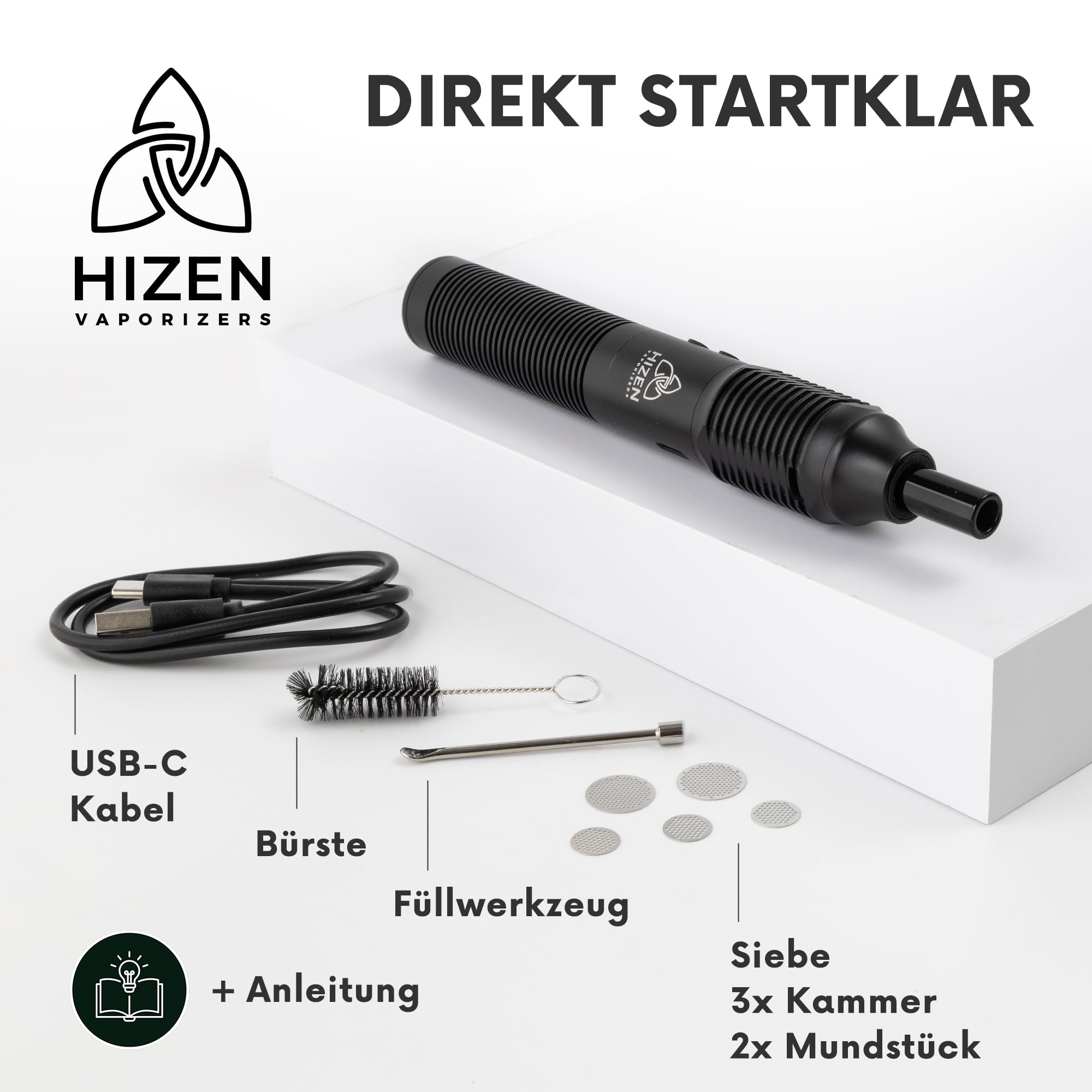 HIZEN Vaporizer Stilus Pro Konvektion + Ladeset - Verdampfer für Kräuter mit austauschbarem Akku, USB-C Kräuterverdampfer, Aluminium Gehäuse, Display, modular erweiterbar - nikotinfrei