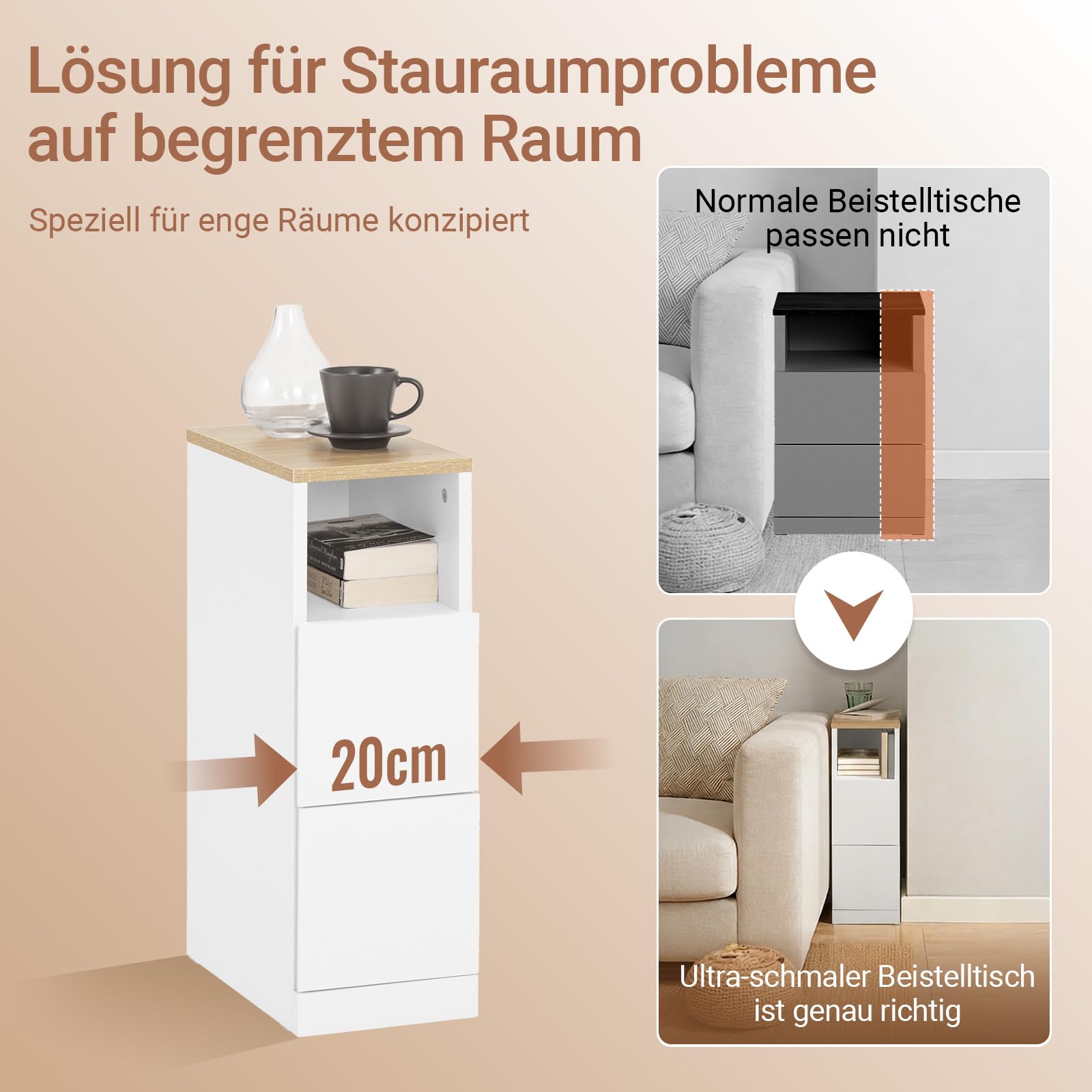 SoBuy Nachttisch schmal 20cm, Nachtschrank & Beistelltisch mit 2 Schubladen, Platzsparendes Möbelstück für Schlafzimmer & Nischen, Ideal für Mieter & Boxspringbett, Weiß, 20x35x60 cm, FBT149-WN