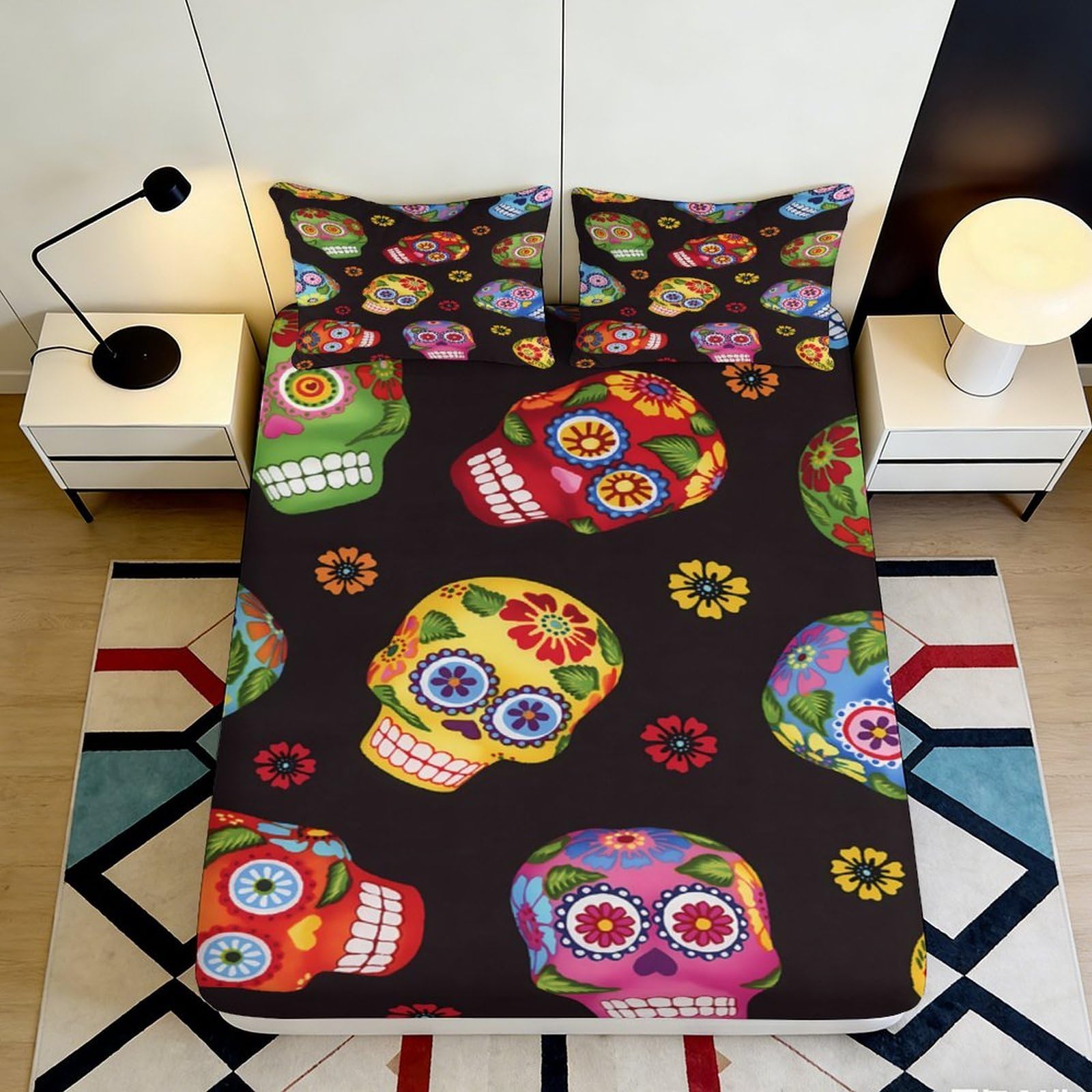 3D Printed Candy Skull Fitted Sheet Microfiber Deep Pocket Non-Slip Candy Skull Mattress Fitted Cover for Bedroom 160x200x25cm