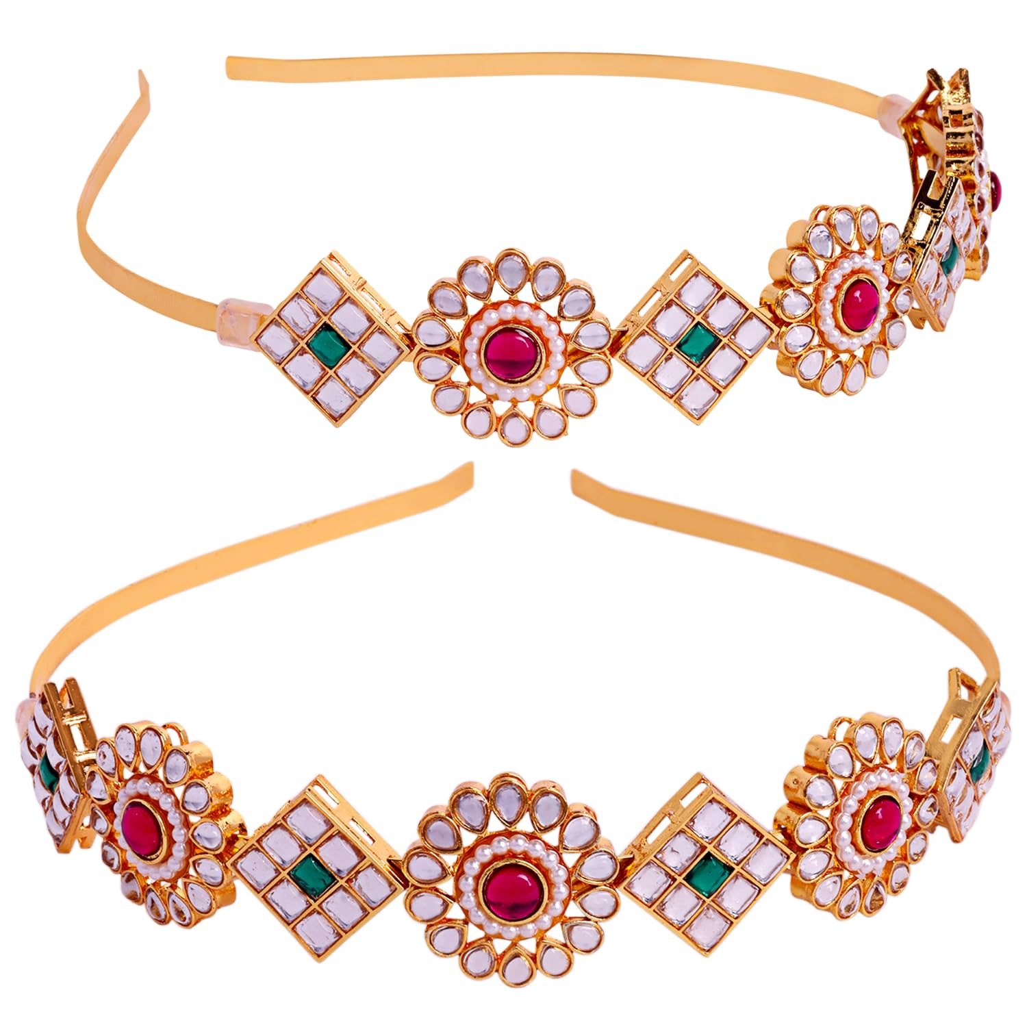 Kundan Mathapatti Hairband for Women | Red & Green Stone Hairband for Women | Traditional Headband Without Maang Tikka for Girls | Kundan Hair Band (Pack of 1)