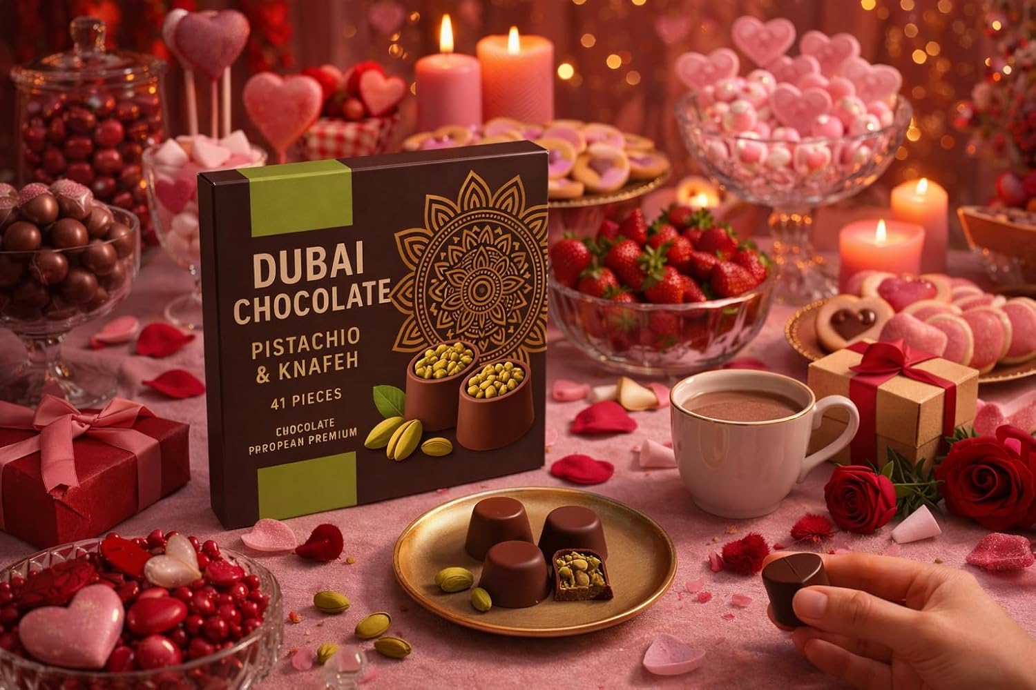Dubai Chocolate Pistachio Filling & Knafeh - 40 Pieces Premium Gift Box