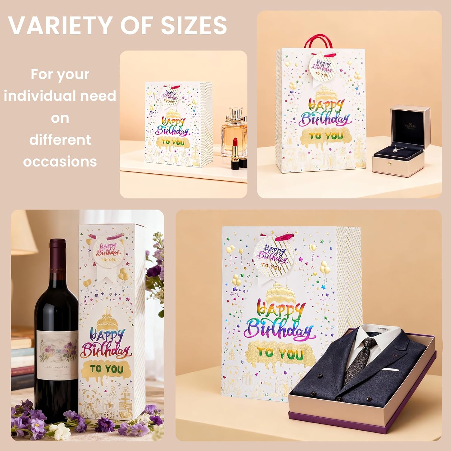 suosicn 6-Pack Birthday Gift Bags with Handles - Assorted Sizes Foil 3D Party Favor Bags with Tissue Paper, for Small Large Gifts Packaging, Birthday Christmas Baby Shower Decorations for Women Men Kids - Image 6