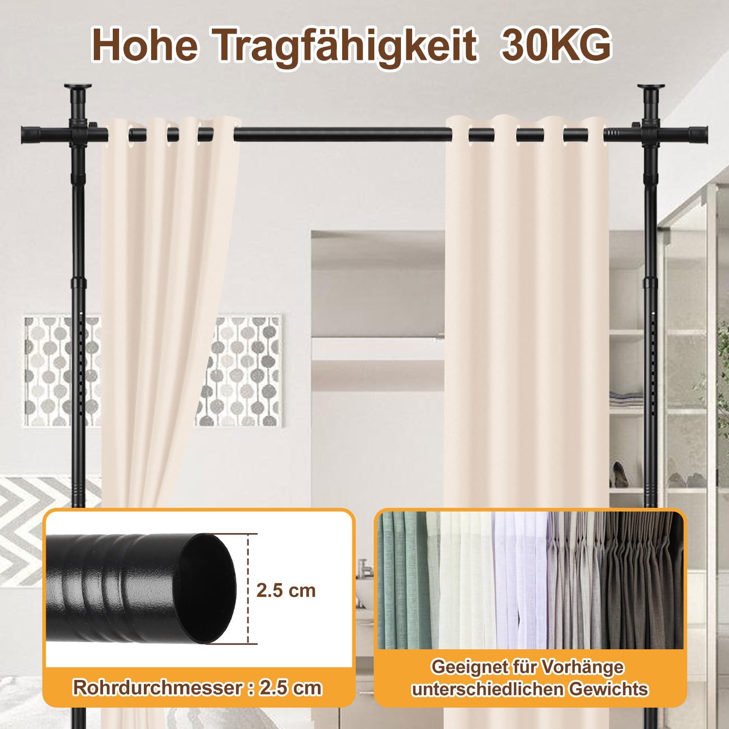 Raumteiler Paraventgestell Gardinenstangen, Freistehend Trennwand Paravent ohne Vorhang, Raumtrenner ohne Bohren, Sichtschutz für Schlafzimmer, 122–320 cm (H), 70–355 cm (B), Schwarz