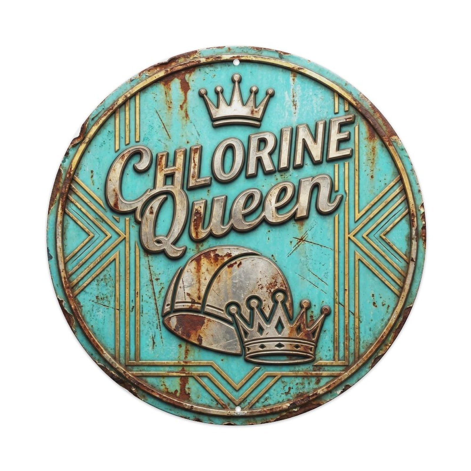 Chlorine Queen Pool Retro Swimming Slogan Resort Badge Metal Tin Sign Plaque Wall Decor for Cafe, Man Cave, Club Bar, Office, Home Garden Round Metal Poster 8x8Inch