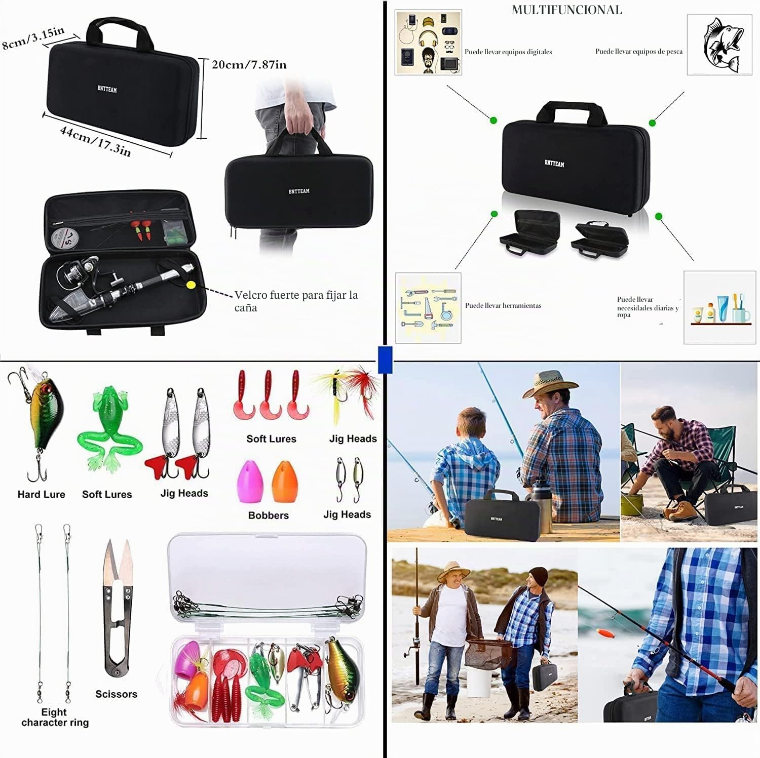 Caña de Pescar portátil telescópica Carrete estacionario Carbone Spinncañas Combo línea de Pesca señuelos Accesorios con Bolsa de Transporte para Viajes Agua Salada Agua Dulce