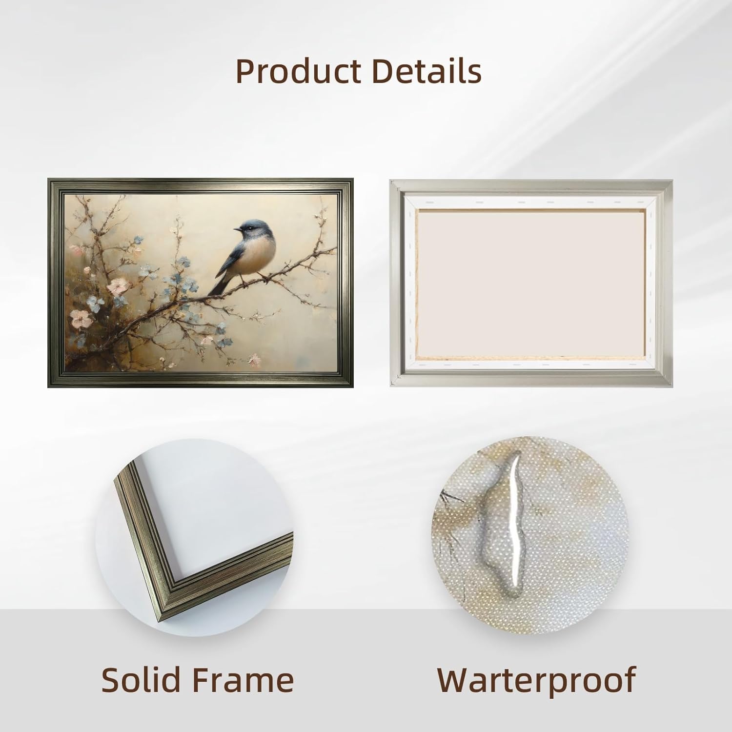 Silver Framed Bird Spring Wall Art Vintage Bird on Spring Tree Oil Painting Neutral Tone Artwork Blooming Flowers Canvas Art Print Rustic Cottagecore Wall Decor for Living Room Bedroom 12x16inch