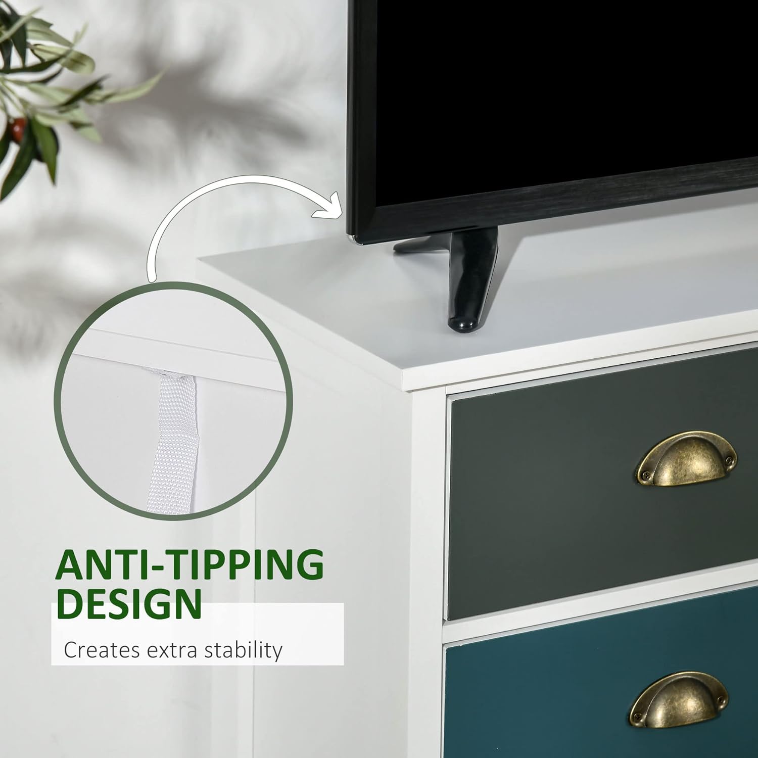 Close-up of the anti-tipping strap attached to the back of the dresser and the wall.