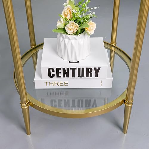 Miniatura 3 de GIFTTROVE Mesa auxiliar redonda de 2 niveles, mesa auxiliar dorada con parte superior de vidrio, mesas de café modernas de metal transparente, mesas