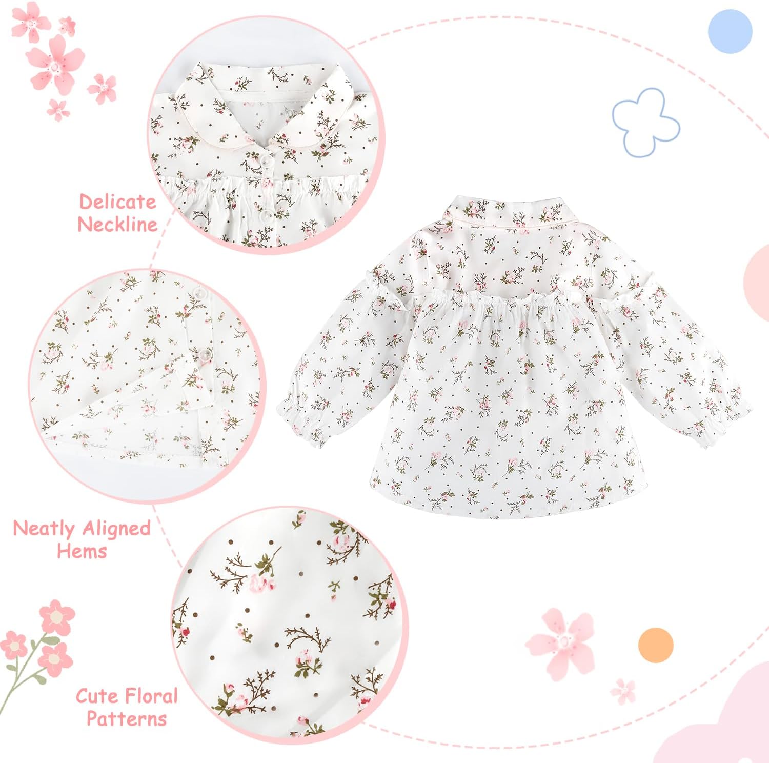 Fall Long Sleeve Baby Girl 1-3T Tops Pink Floral Toddler Girls Blouse Fall Outfit - Image 2