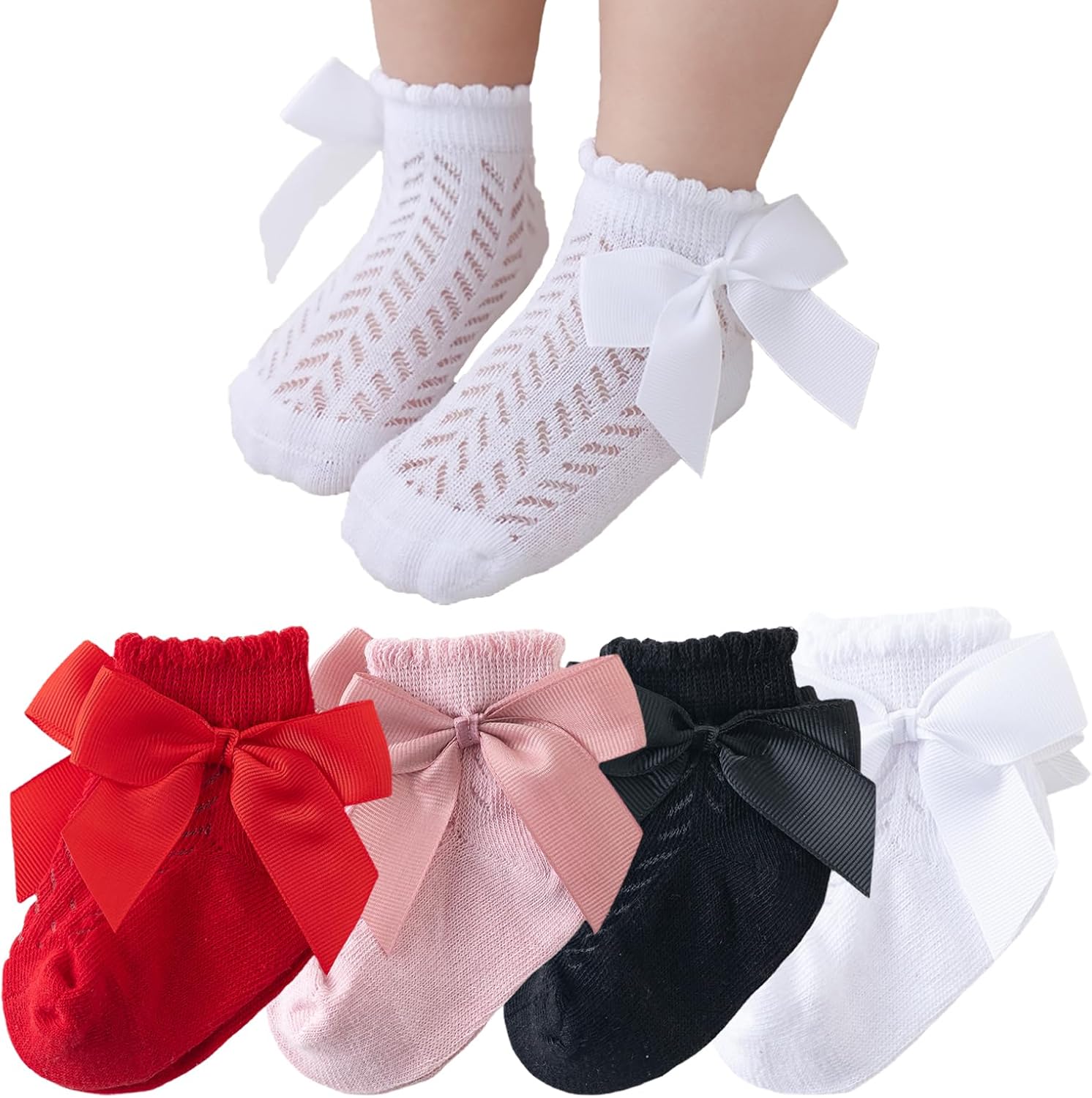 Baby Girls Mesh Ankle Socks with Bow,Cute Breathable Cotton Knit Dress Socks for Infants Toddlers and Kids