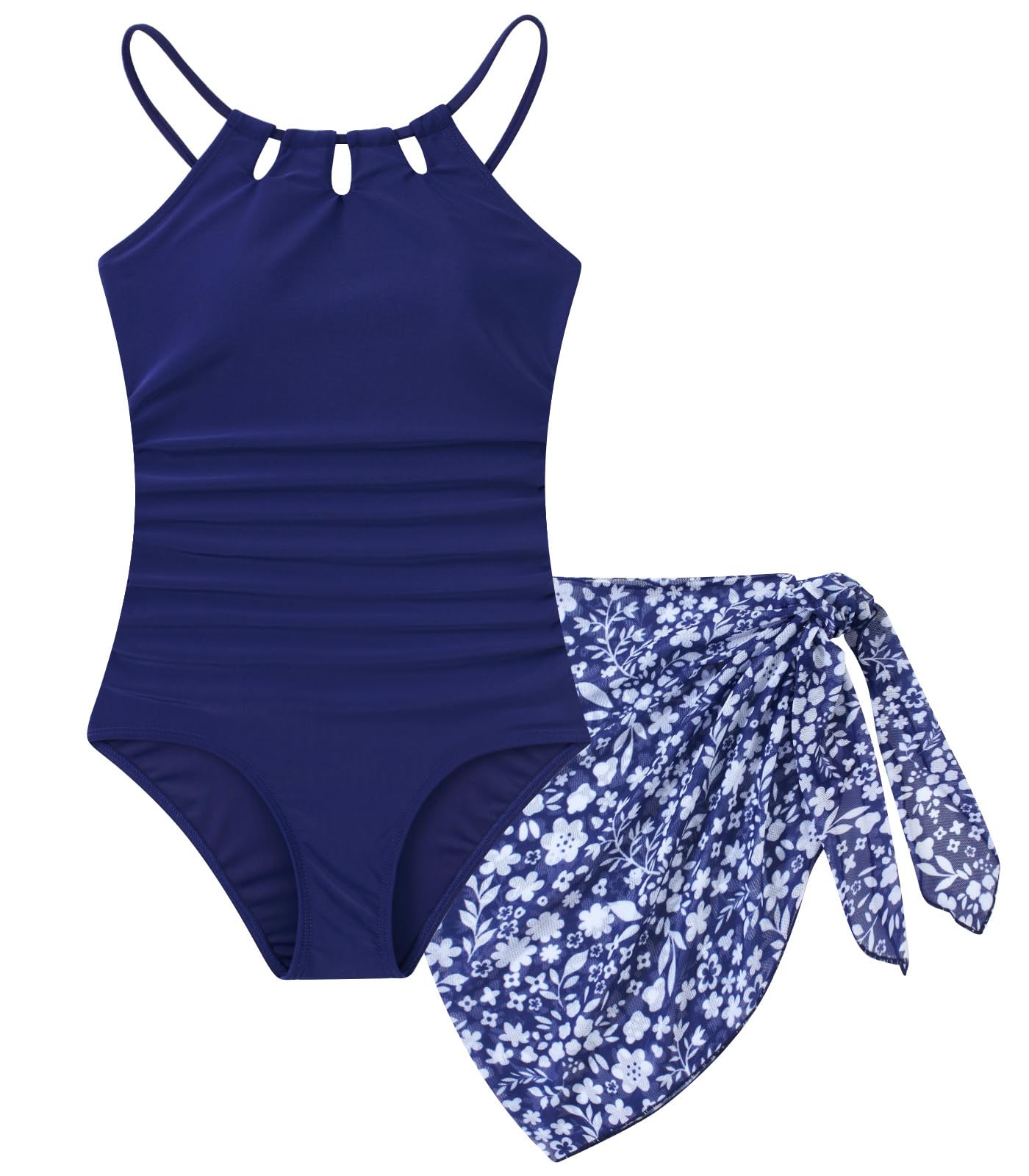 Girls One-Piece Swimsuit Bathing Suit with Cover Ups Size 7-16 | Adjustable spaghetti straps,Cut-out design, Removable chest pads, Swimwear for the beach, swimming pool, Hawaiian vacation
