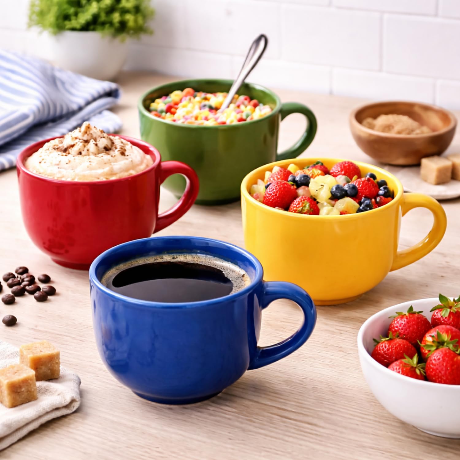 PALUPLUS 4 Tazze da Colazione in Porcellana 450 ml, Lavabili in Lavastoviglie, per Microonde