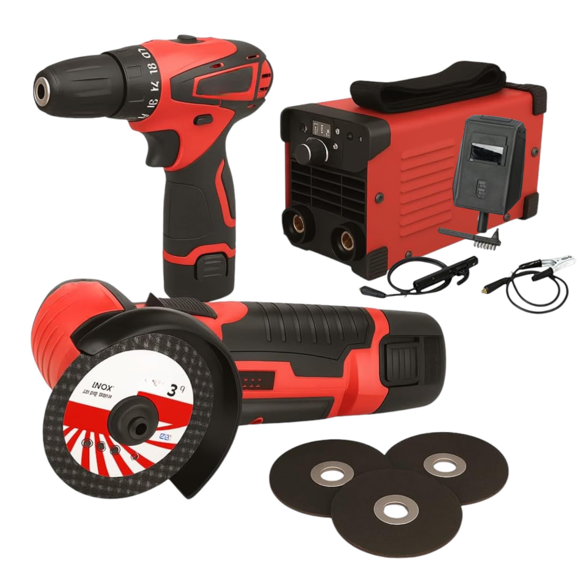 Set 3 in 1 Saldatrice inverter 400A MMA IGBT con Display LED con Cavi e Maschera + Mini Avvitatore + Mini Smerigliatrice con 3 Dischi da 3" Doppia Batteria da 48V e Caricatore