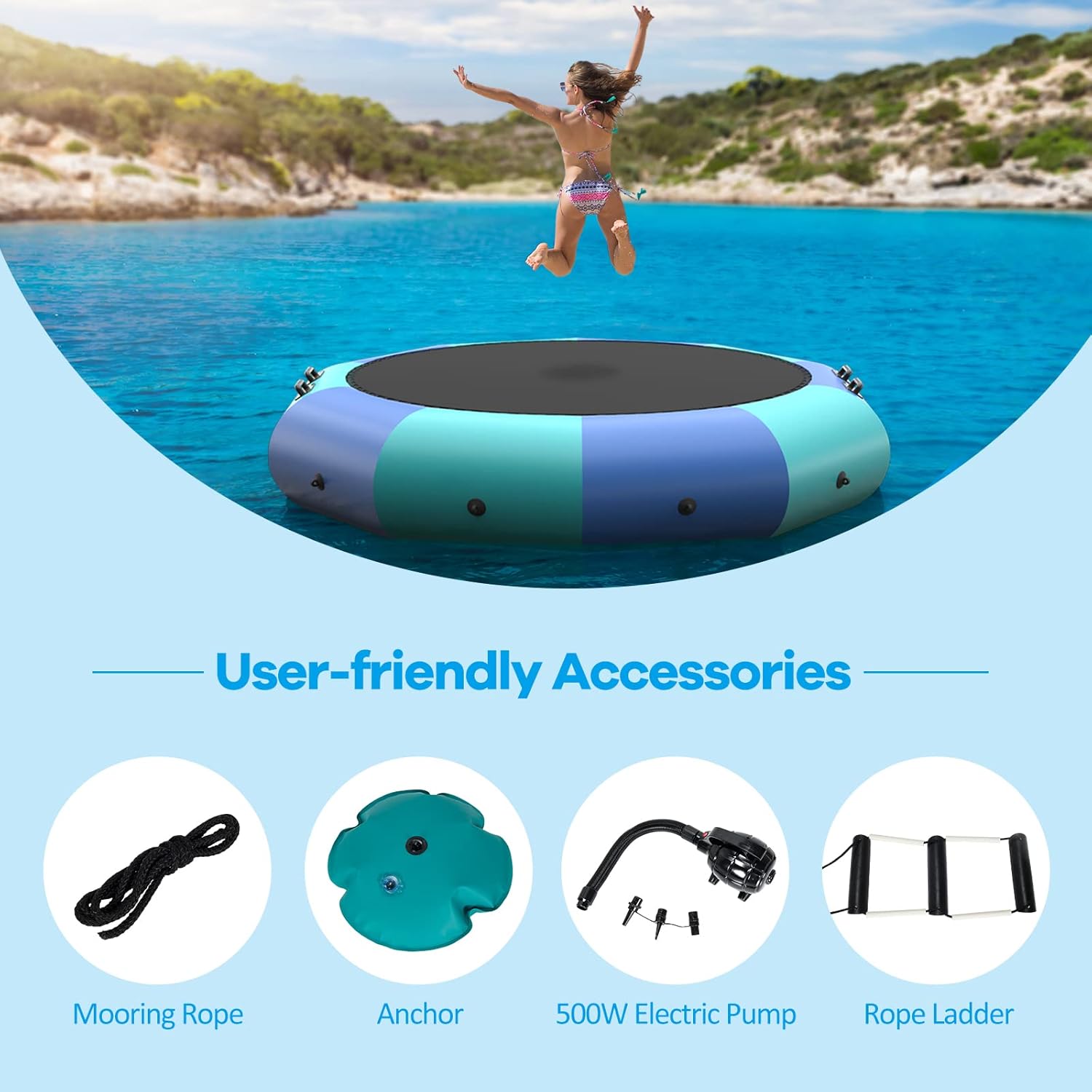 GYMAX Water Trampoline, Floating Lake Trampoline with Electric Pump & Rope Ladder, Inflatable Water Bouncer for Lake, Heavy Duty for Adults