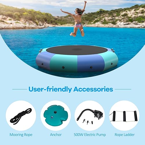 Miniatura 6 de GYMAX Trampolín de agua, trampolín flotante de lago de 10 pies, 12 pies, 15 pies, con bomba eléctrica y escalera de cuerda, inflable para lago,