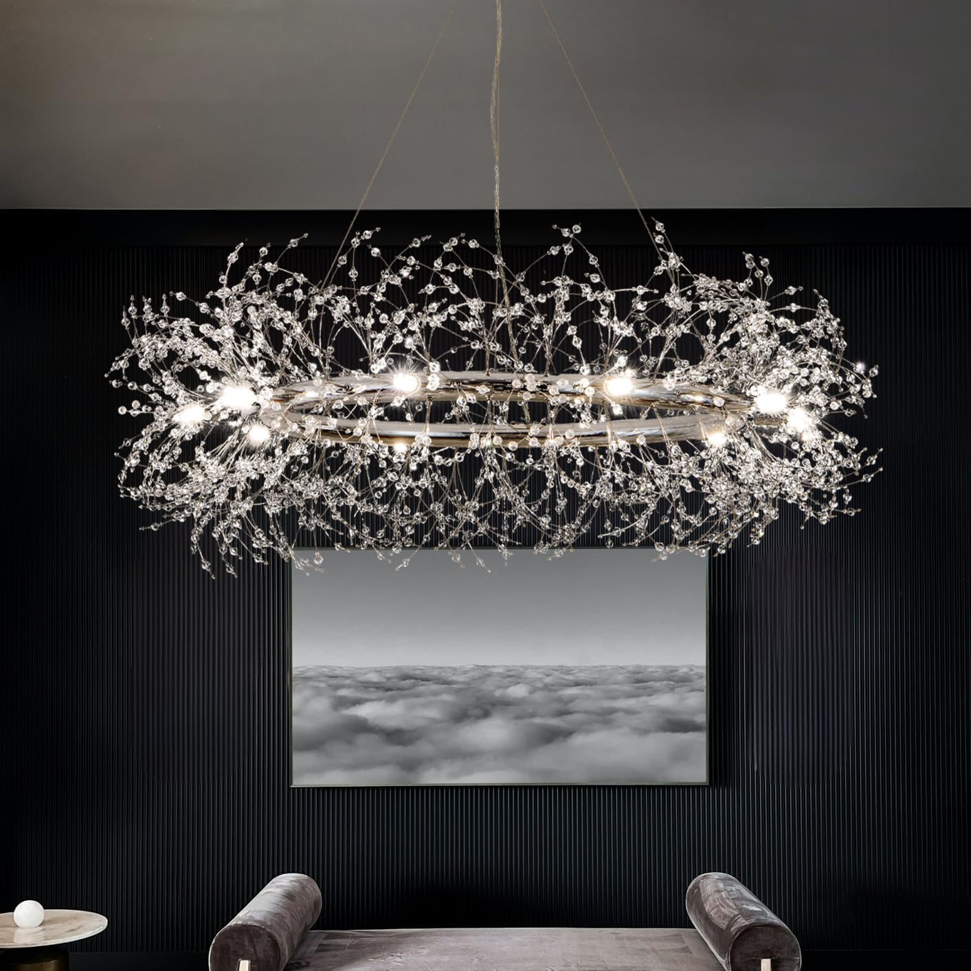 Modern Crystal Silver Chandeliers,Chrome Dining Room Chandelier Light Fixture Round,Large Living room Chandelier,Crystal Ceiling Light Fixture Pendant Hanging for Bedroom Entryway Hallway 39In.