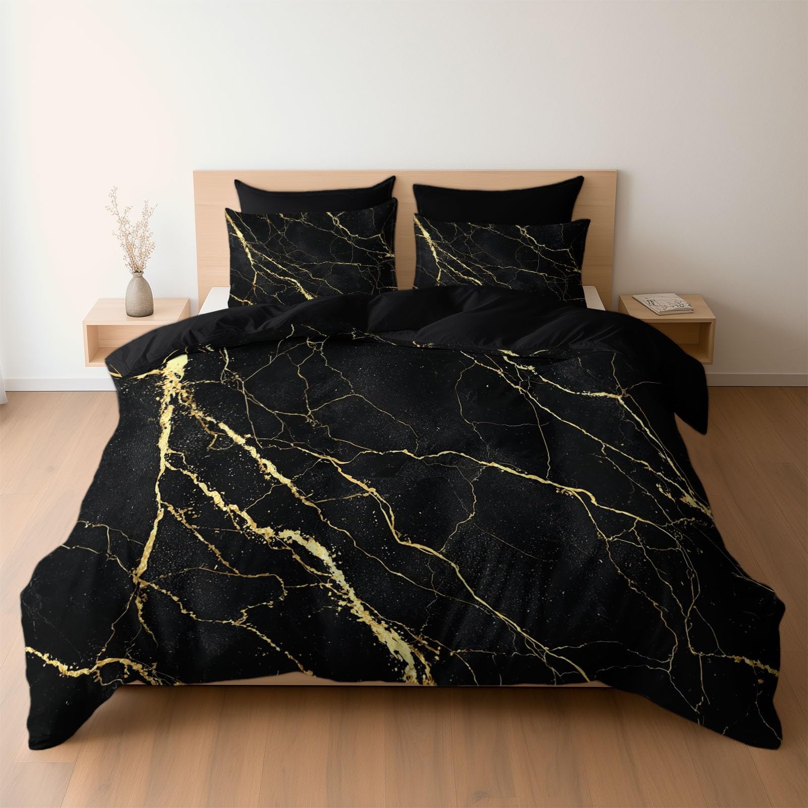 Housse de couette 160x200 marbre noir avec ses 2 taies d'oreiller