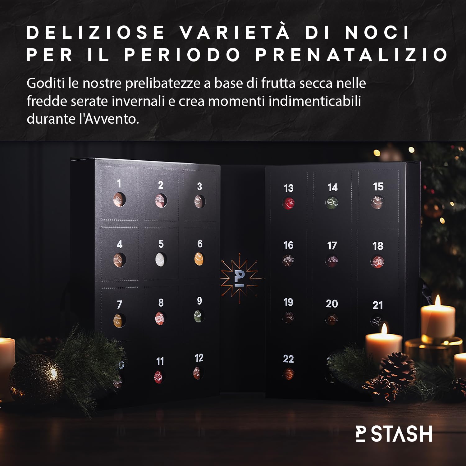 Calendario dell'Avvento P-Stash 2025 - Calendario di Natale con frutta secca e cioccolato - Pistacchi, mandorle, nocciole, arachidi e molto altro ancora. - Miscela di frutta secca con spezie uniche