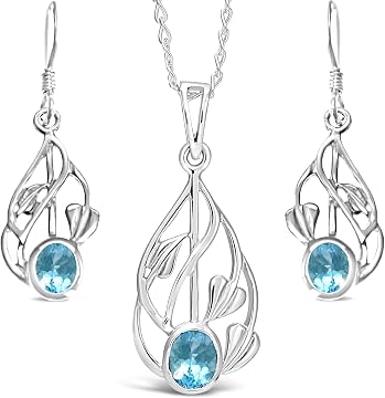 Alexander Castle Women's Jewellery Set 925 Sterling Silver & Blue Topaz Charles Rennie Mackintosh Gift Set - Necklace and Earring Set with Jewellery Gift Box