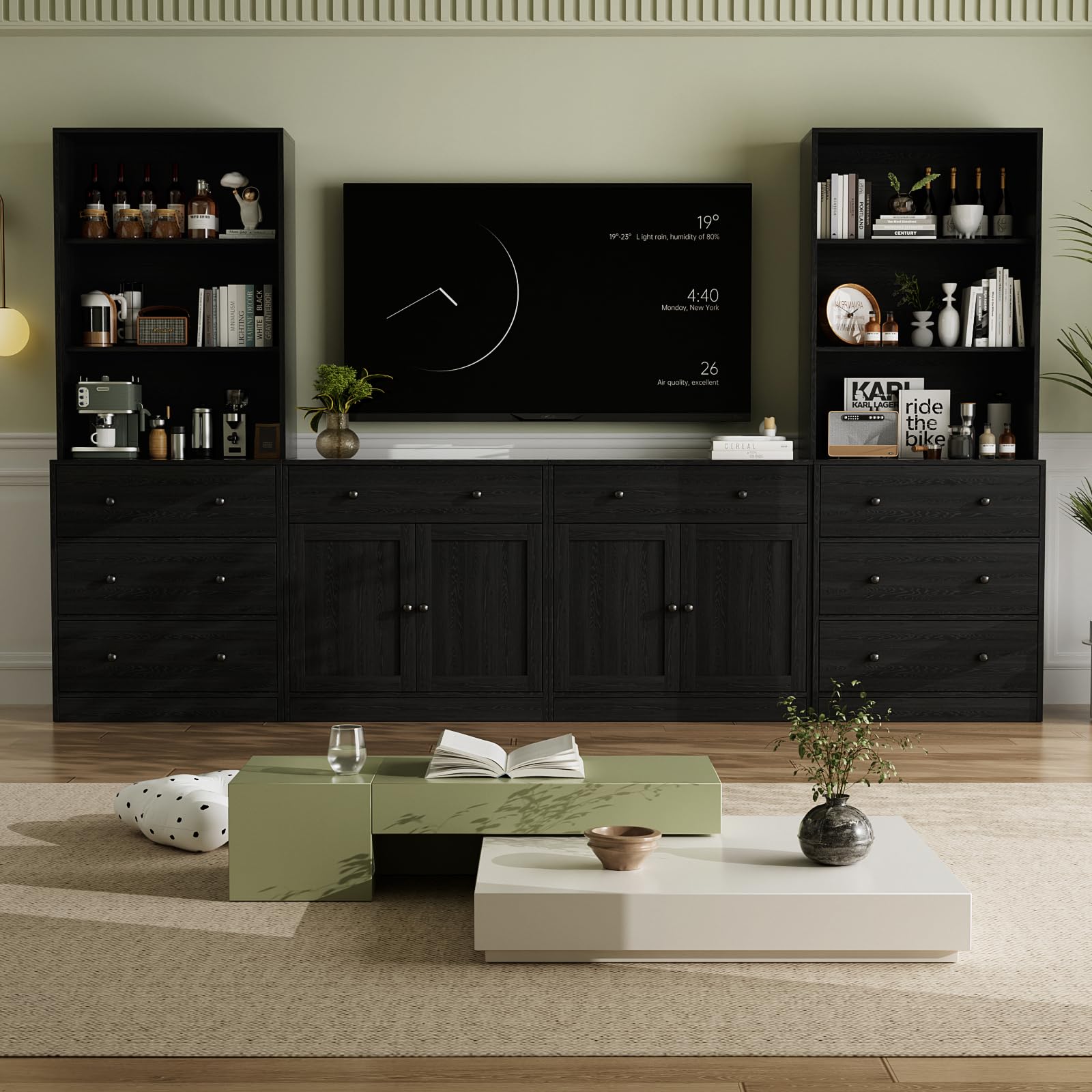 VOWNER 4PSC Großer TV-Schrank mit Bücherregalen für Fernseher bis zu 70 Zoll, 280 cm Long tv Ständer mit gehärteten Glastüren und Einlegeböden, fernsehschrank für Wohnzimmer, 2A+2C (Schwarz)