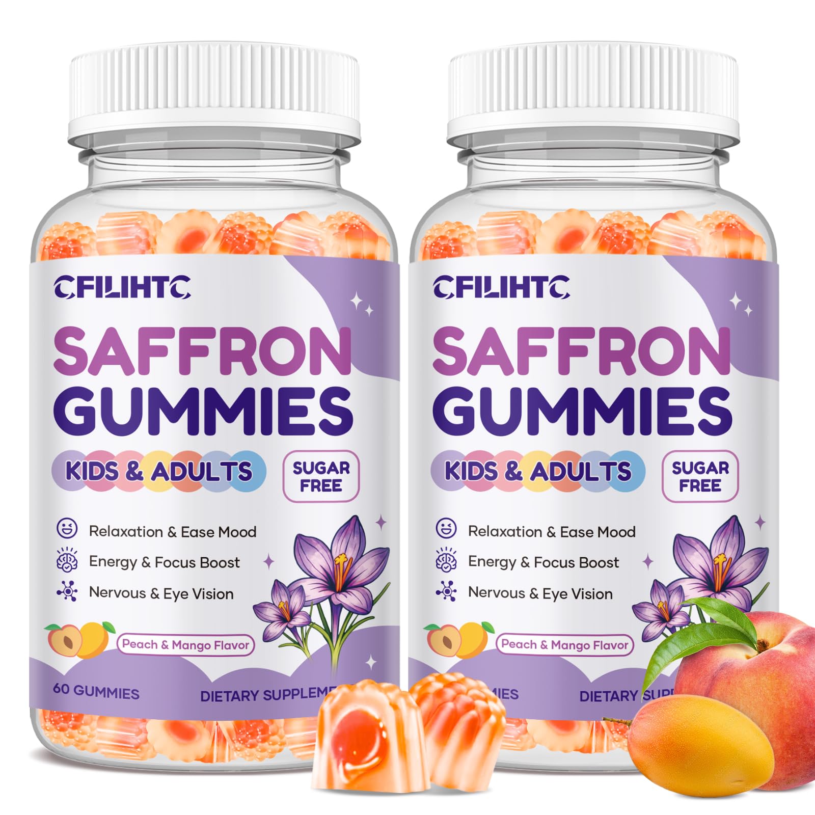 Saffron Gummies for Kids & Adults, 20-in-1 Saffron Supplements with 88.5mg Saffron Extract, B6, B12, C, D3, Magnesium for Calm, Focus, Nerve, Sugar Free, Vegan, Non-GMO Peach Mango Flavor, 120 Counts Peach Mango 120 Count (Pack of 1)