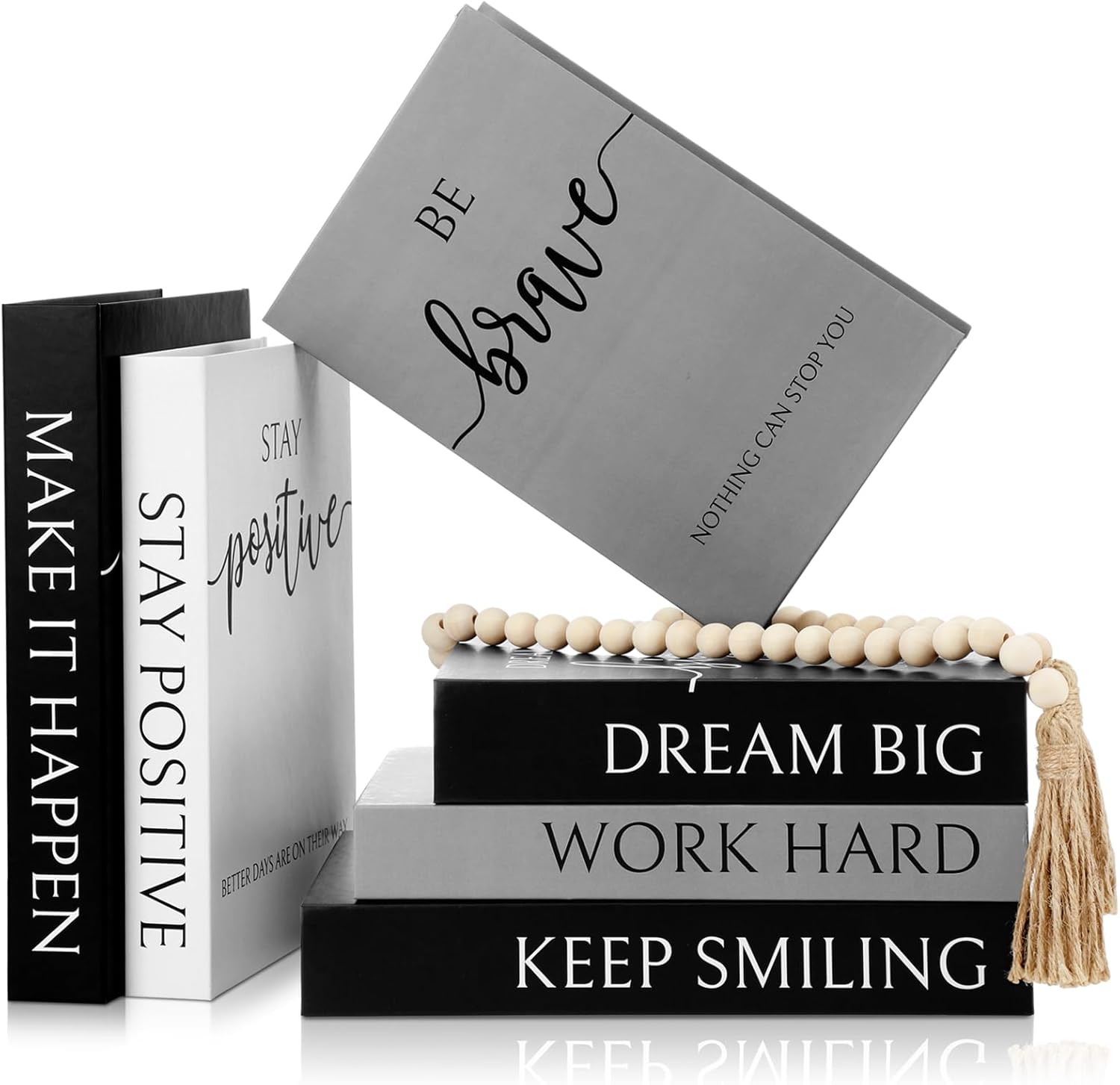 Menkxi 6 Aesthetic Decorative Books Set with Tassel Wood Bead Motivational Table Decor Faux Books with Inspirational Design for Home Coffee Table Decor Modern Decoration Photo Storage Box(Brave)