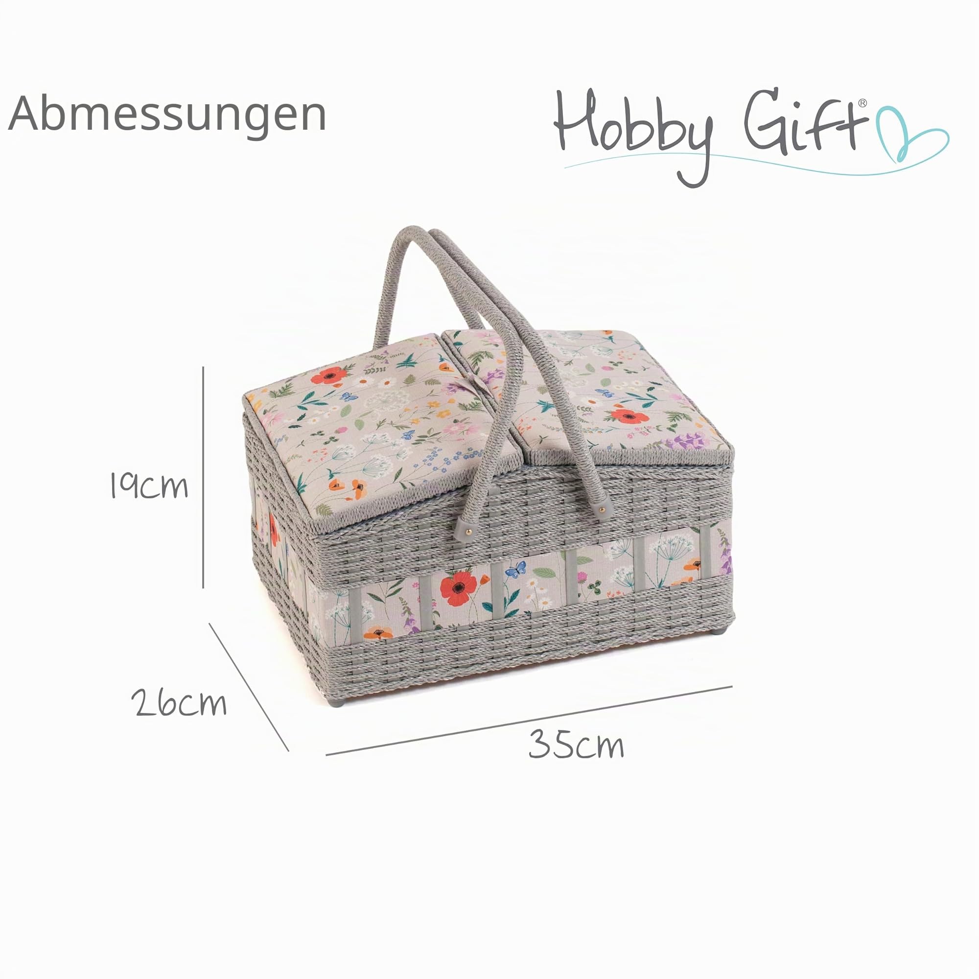Hobby Gift Nähkästchen groß, Weidenkorb mit zwei Deckeln, Wildblumen