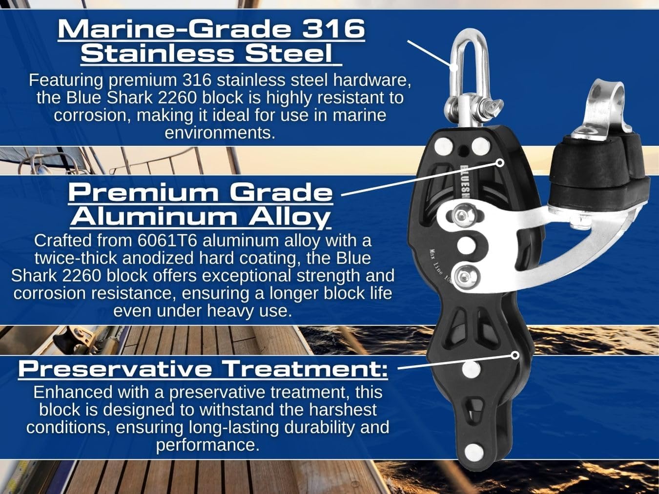 Blue Shark 2260-38 mm Single Swivel Fiddle Becket Adjustable Cam Aluminum Sailing Block - Max Line: 1/4” (6 mm), Safe Working Load (SWL): 900 lbs, Breaking Load: 2200 lbs (1-Pack)