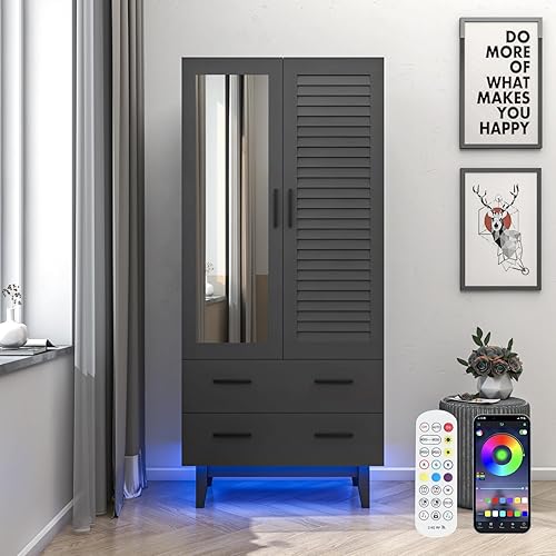 Miniatura 8 de 2 Door Armoire Wardrobe Closet Cabinet with Mirror, Drawers and LED Lights, Multi-Tier Shelves, Hanging Rod & 2 Louver Doors, Large Capacity Storage