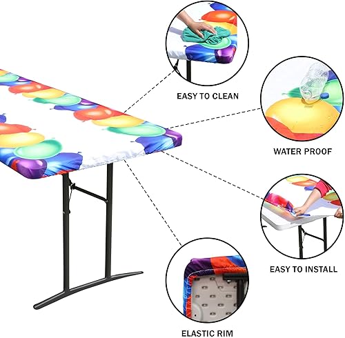 Miniatura 3 de Mantel elástico ajustable con globos para mesa plegable, funda de vinilo PEVA rectangular impermeable con borde elástico, ideal para artículos