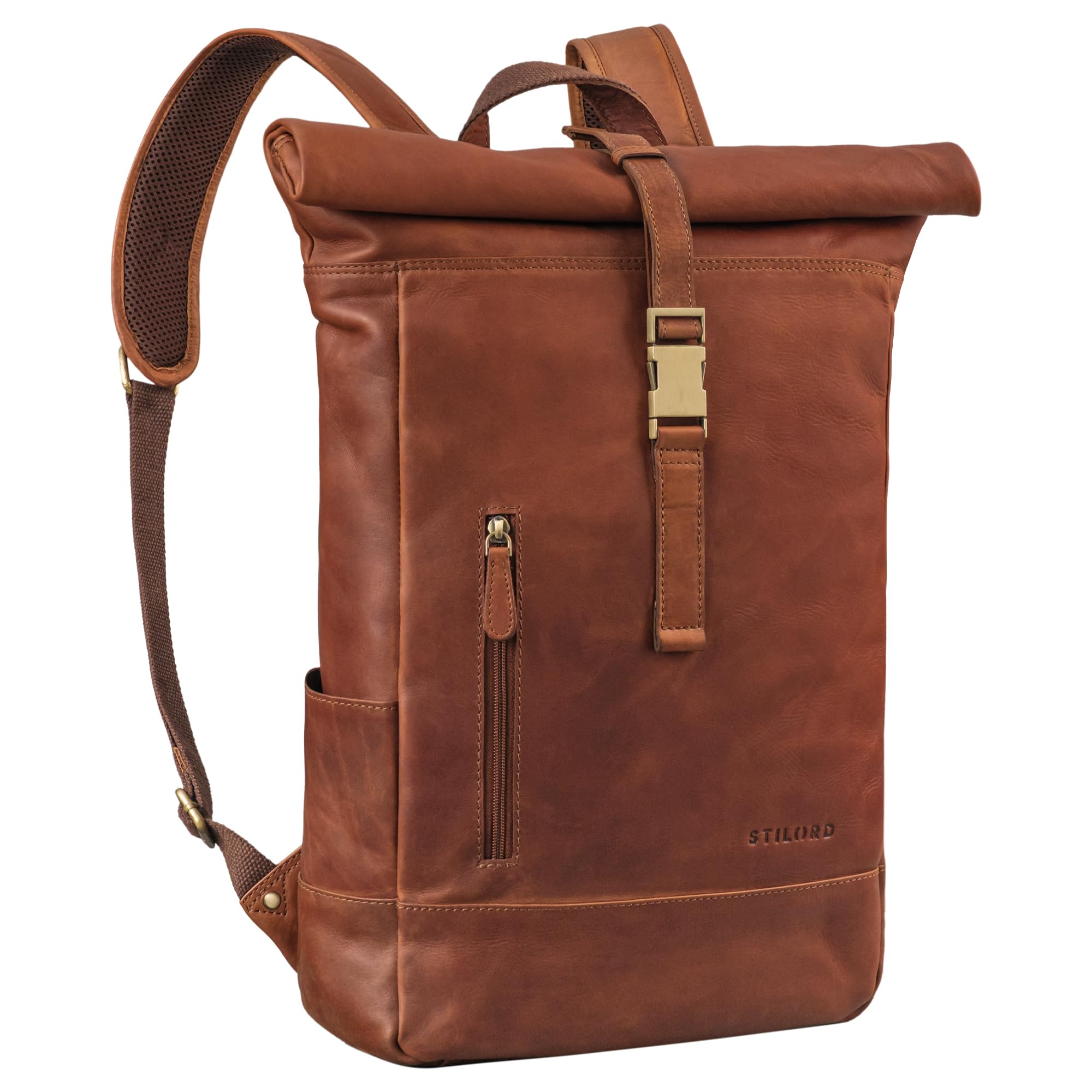STILORD Harriet Mochila Roll Top de Cuero para Bicicleta y Bandolera Portátil 15,6-17 Pulgadas Grande Daypack de Viaje de Piel Genuina Color:Cognac-marrón