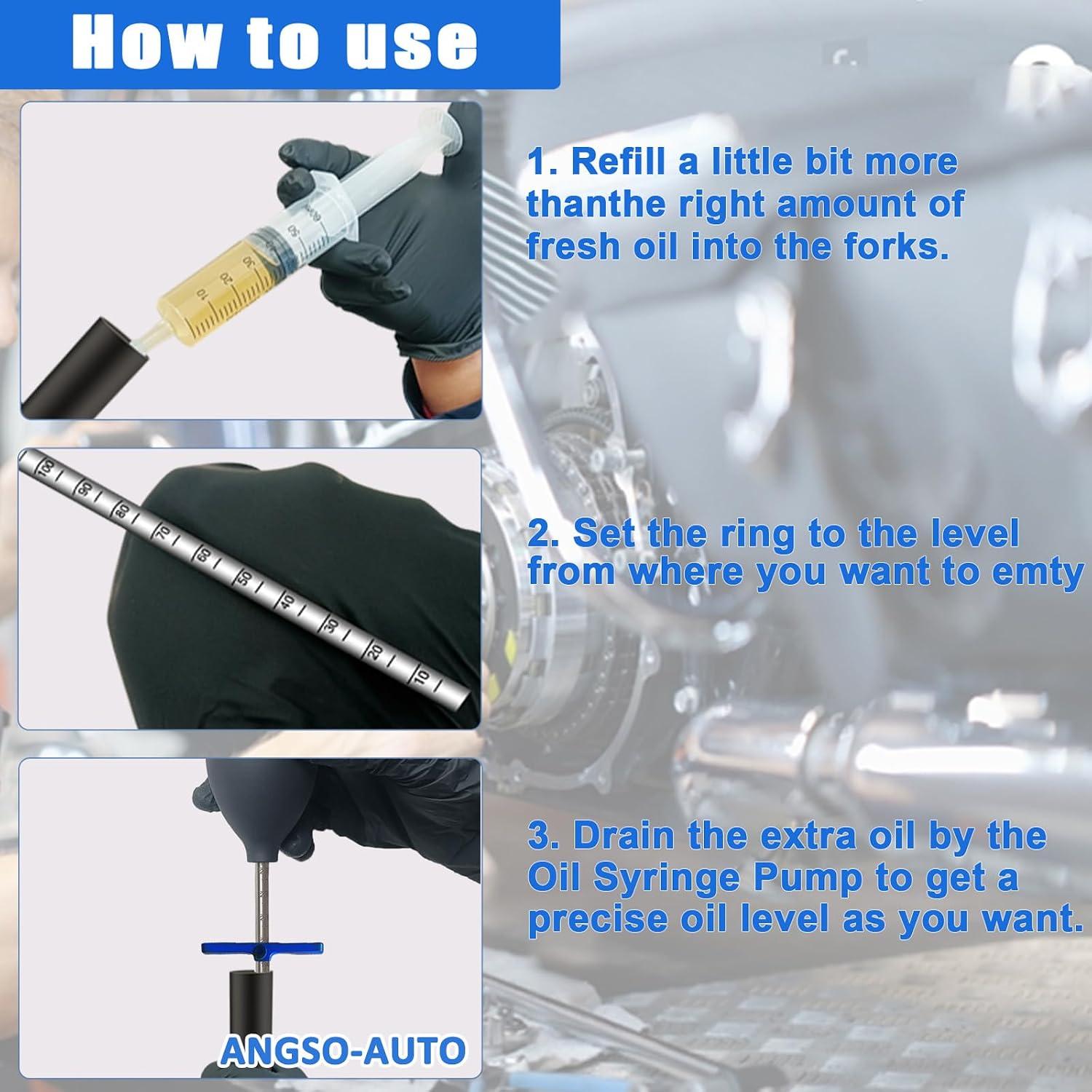 0-300mm Markings Motorcycle Fork Oil Level with Oil Syringe Pump Tool Front Suspension,Blue Widened Push Adjuster,Black Resistance Siphon Pump, Fork Level Gauge Suspension Kit for Mountain Bike