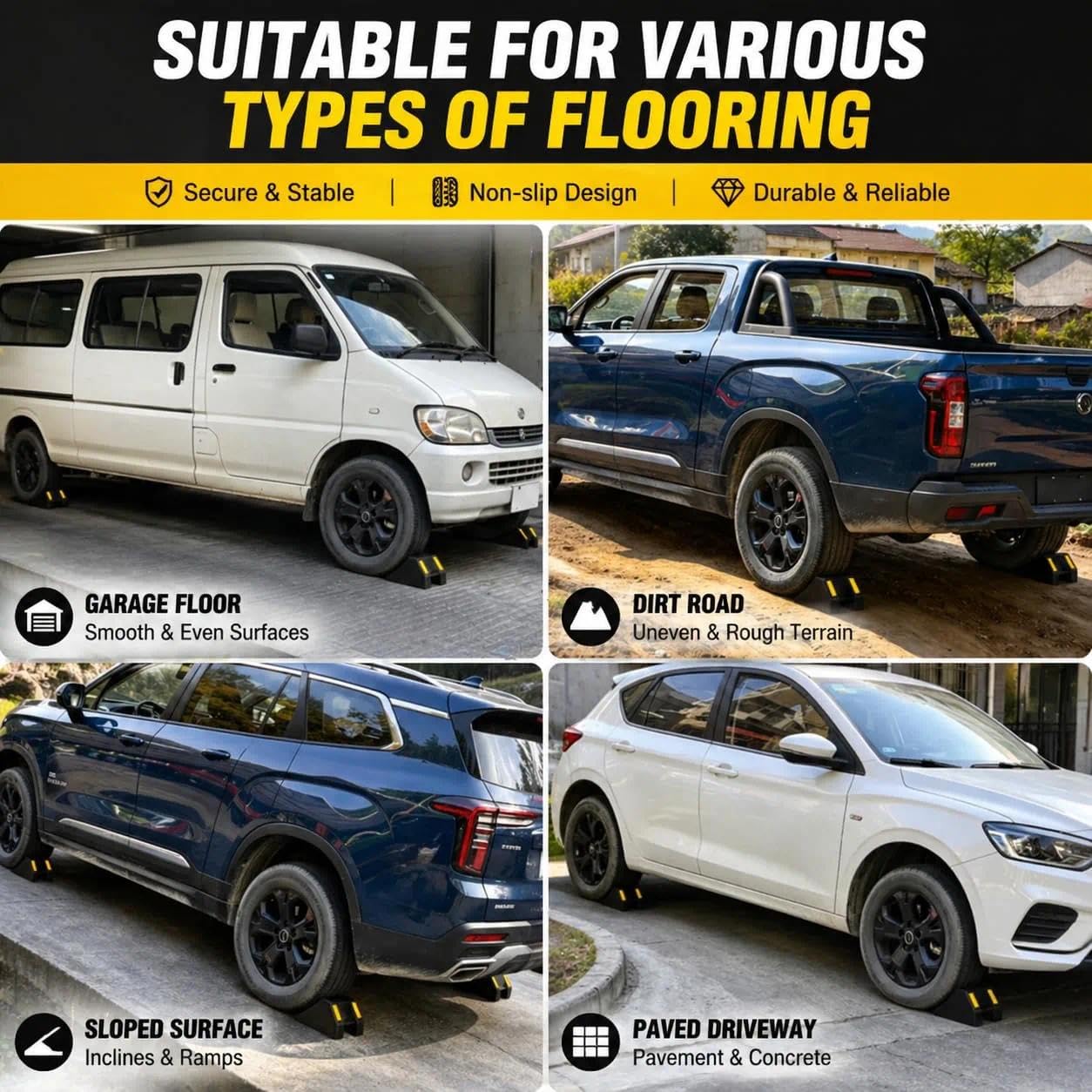 Große Unterlegkeile 4er-Set aus Vollgummi für Wohnwagen & Anhänger | 25 × 18 × 15 cm · 8T Schwerlast · Für große Reifen · Reflexstreifen · Rutschfest · Wohnmobil & LKW