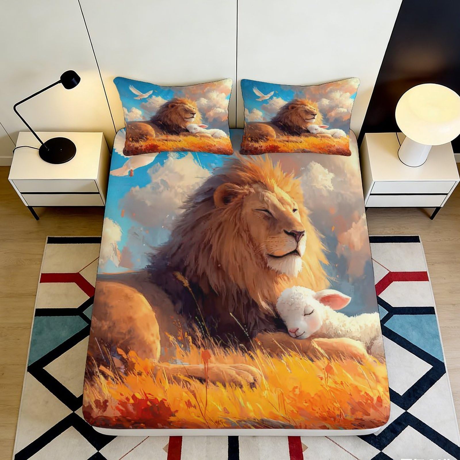3D Printed Lion and Lamb Design Fitted Sheet Microfiber Deep Pocket Full Wrap Bedroom Bedding Lion Mattress Fitted Cover Non-Slip Washable 90x200x25cm