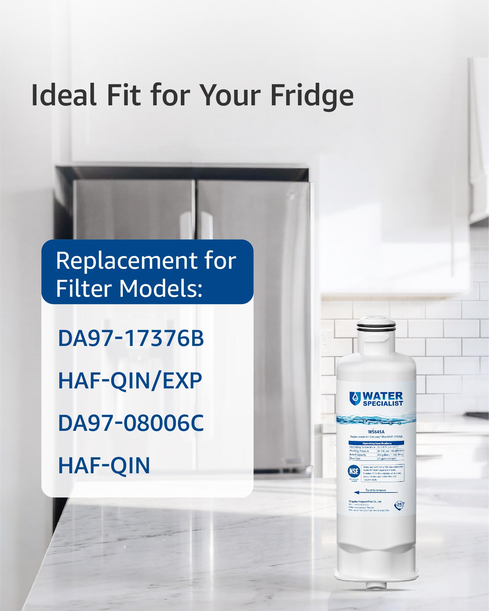 Waterspecialist Waterspecialist DA97-17376B Refrigerator Water Filter, Replacement for Samsung® HAF-QIN/EXP, HAF-QIN, RF28T5001SR, DA97-08006C, RS27T5200SR, RF28R7351SG, RF24R7201SR, RF27T5201SR, WS645A, 3 Pack in use