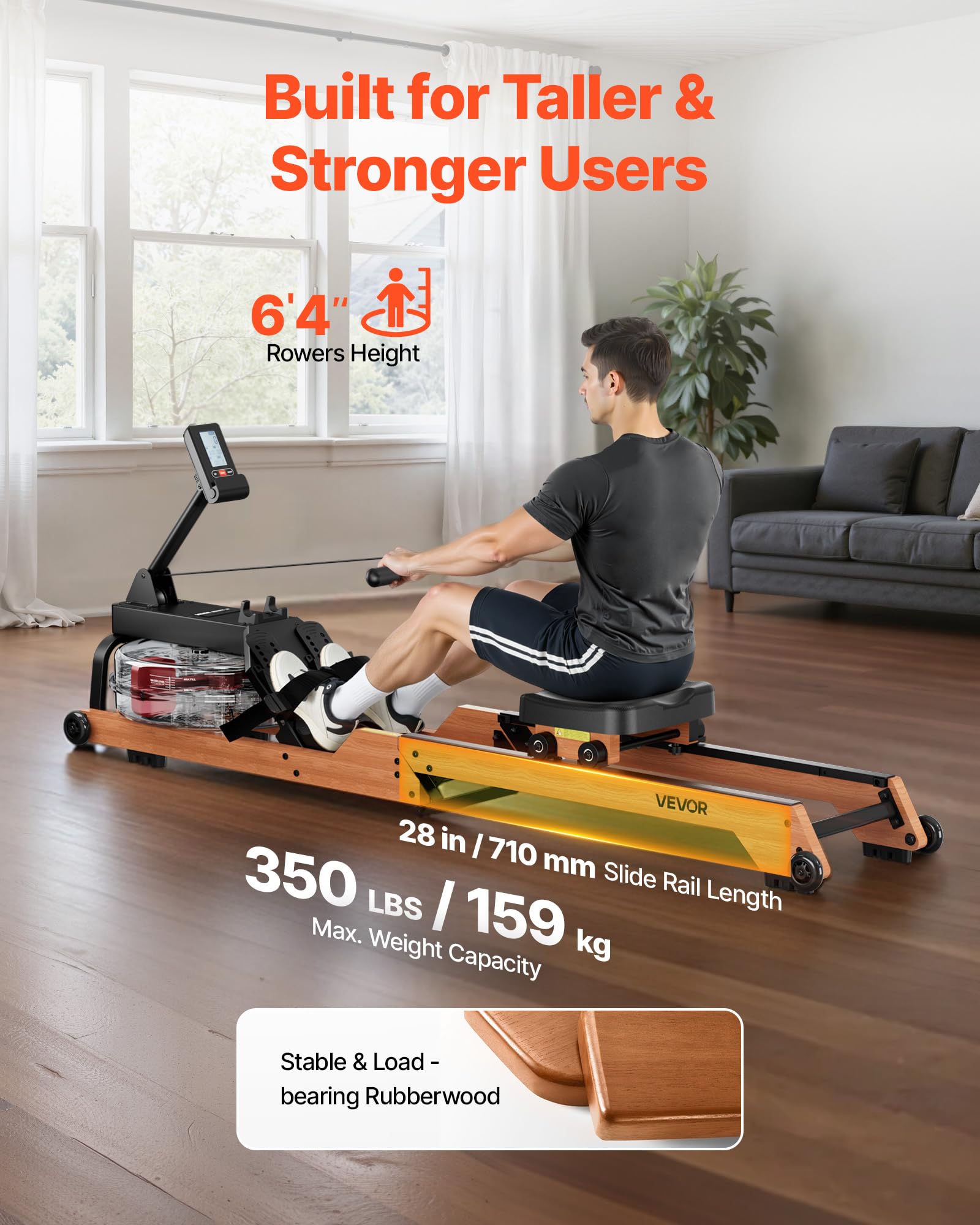 VEVOR Máquina de Remo, con 6 Niveles de Resistencia Silenciosa, Plegable, de Madera, con Tanque de Agua de 14 L y Pantalla LCD, Compatible con Aplicación Bluetooth, Capacidad de Peso de 158 kg