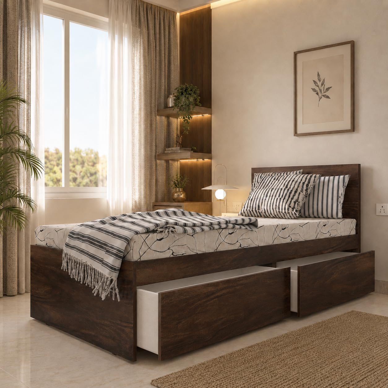 Studio Kook Tribe with Headboard Engineered Wood Single Bed with Drawers (Junglewood, Right Side Drawer)