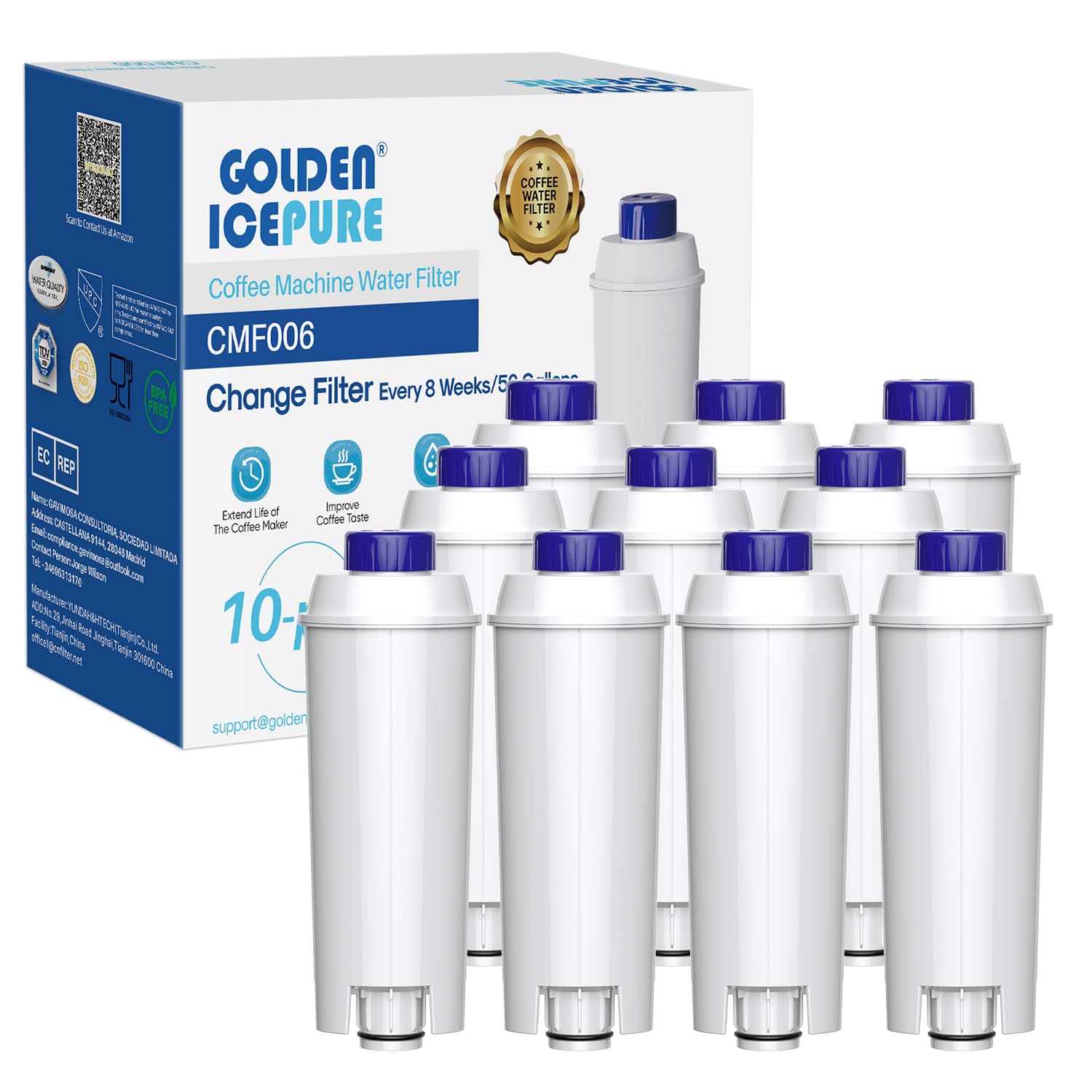 GOLDEN ICEPURE Coffee Machines Water Filter Compatible with De'Longhi DLSC002, SER3017 & 5513292811,De Longhi,ECAM, Esam, ETAM, BCO, EC-Series (10 Count (Pack of 1))