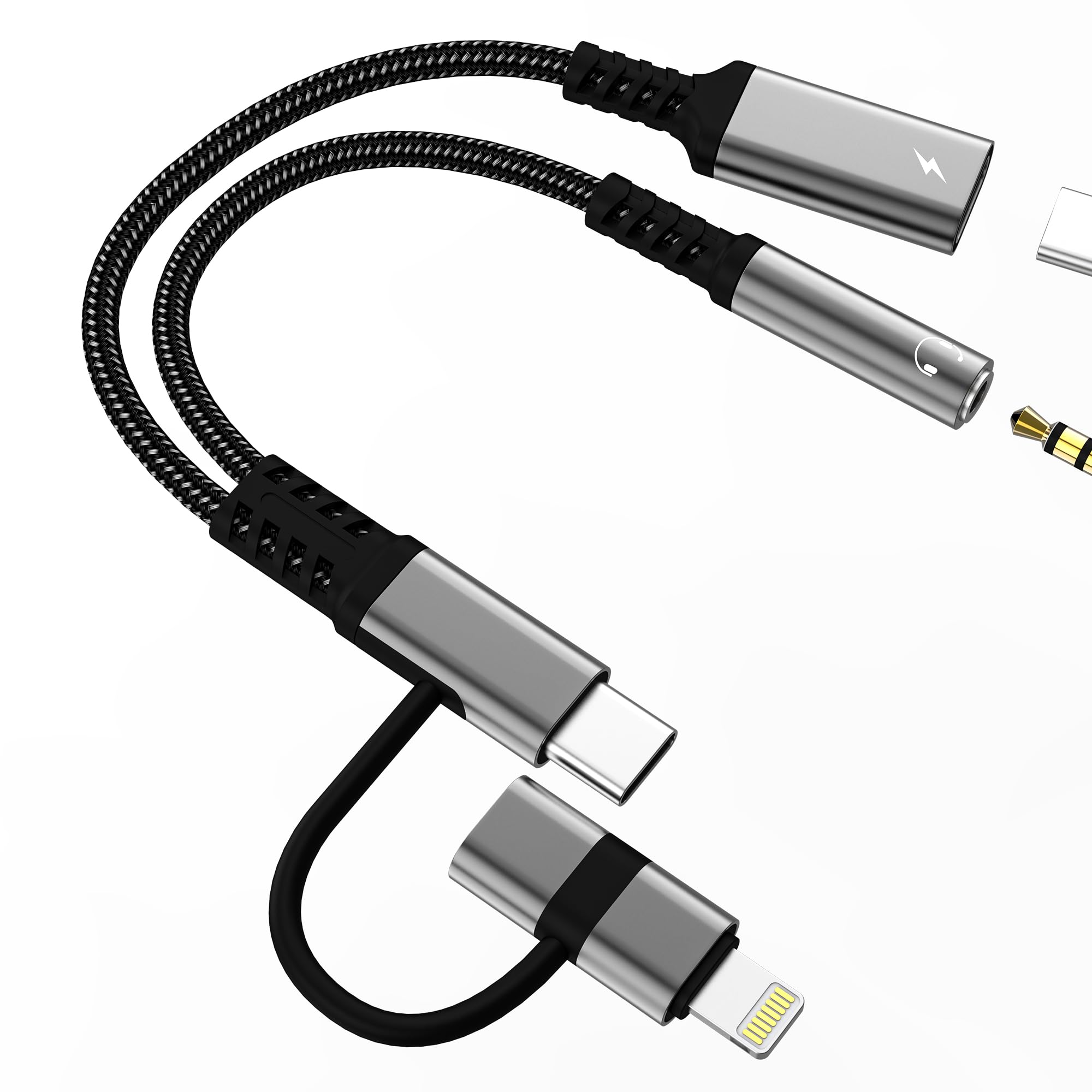 Aux to USB C Adapter(2in2)for Iphone 17 16 15 Lightning to 3.5mm Headphone Audio Jack Cable for Apple Splitter Dongle Charger Type C Cord Car Charging for Ipad Dual Lighting DAC Compatible for Samsung